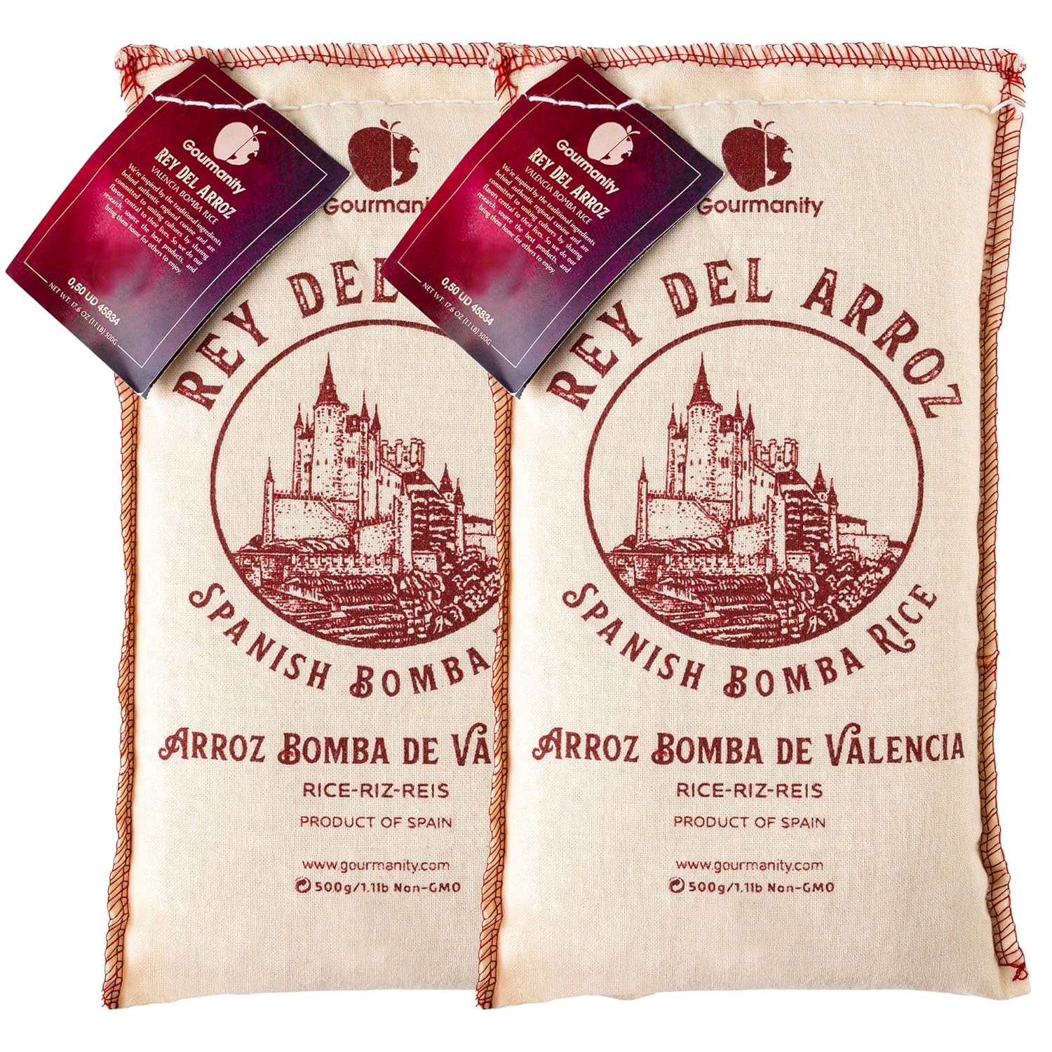 Gourmanity 1.1lb/500g (Pack of 2) Spanish Bomba Rice for Paella, Rey del Arroz Authentic Spanish Bomba Rice from Spain [1.1 Pound, Pack of 2]