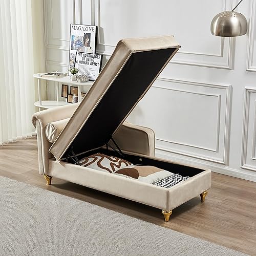 Miniatura 4 de Chaise Lounge para interiores, sofá de salón tapizado de terciopelo con espacio de almacenamiento oculto, sofá cama con marco de madera maciza,