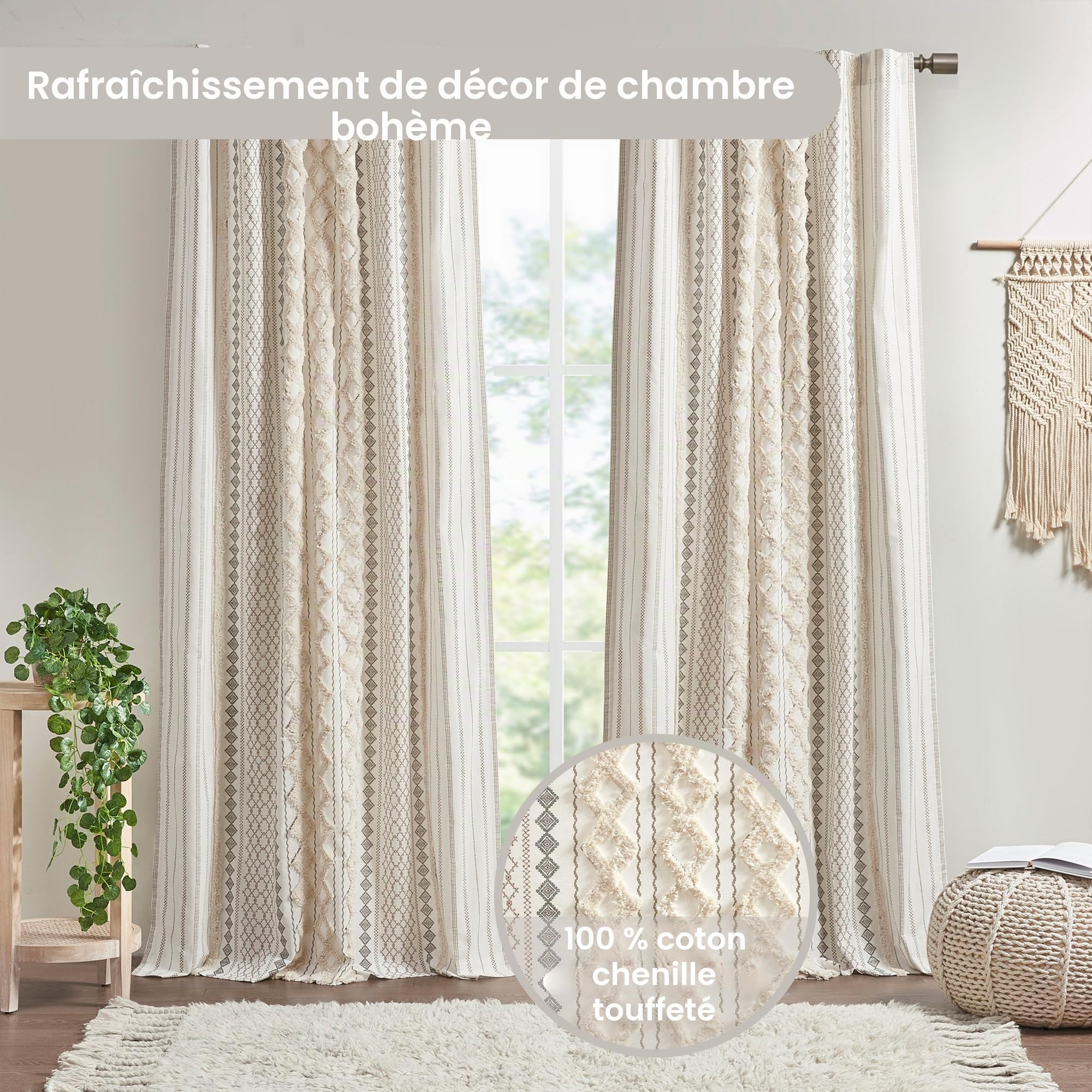INK+IVY Imani Rideau à Panneau Simple touffeté 100% Coton Chenille à Rayures géométriques Aspect Milieu du siècle avec Passe-Tringle pour Salon, Chambre à Coucher, 127 x 213,4 cm, Ivoire
