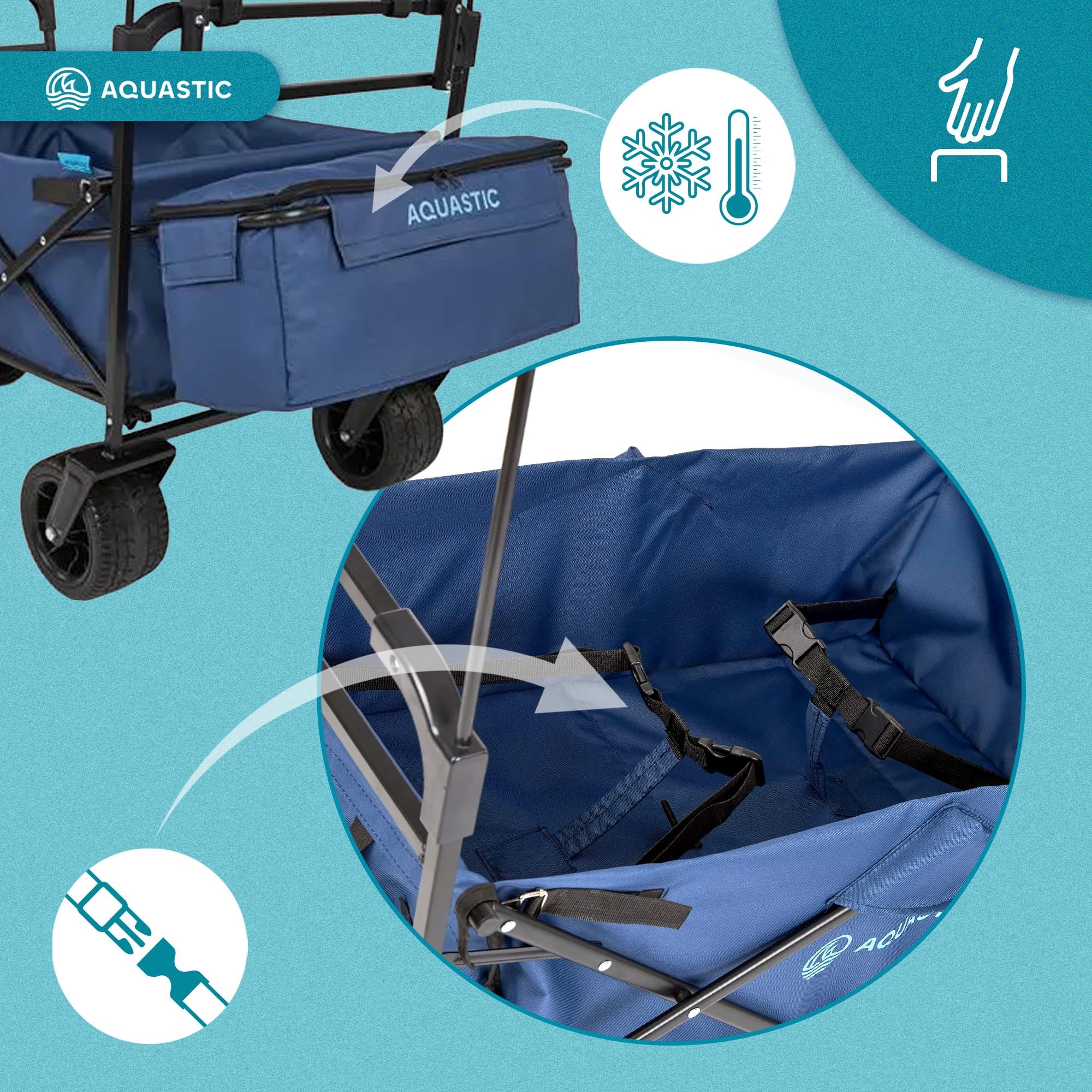 AQUASTIC Carrello pieghevole da 106 l, carico 90 kg, ruote in PU 16 × 10 cm, baldacchino, imbracatura, manico ergonomico, borsa e custodia per il trasporto - nero