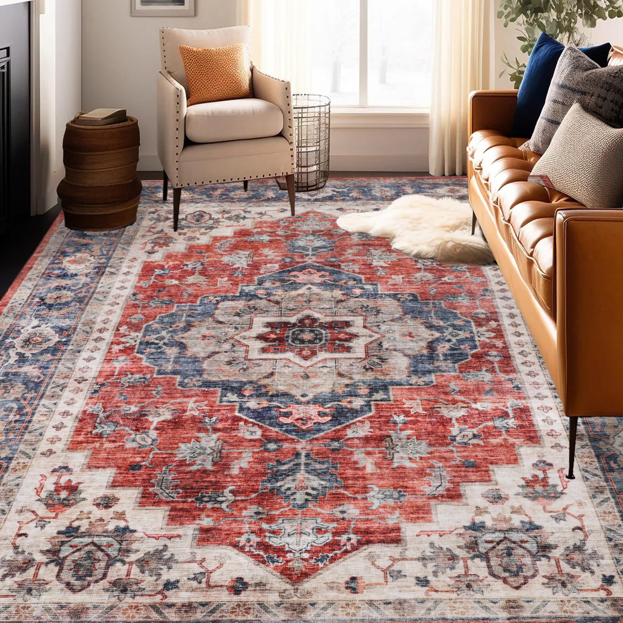 Mcadore 8x10 Machine Washable Area Rugs Large Boho Vintage Design Rug for Living Room, Bedroom, Kitchen, Soft Non-Slip Indoor Rug, Vintage Red/Navy-Print Design