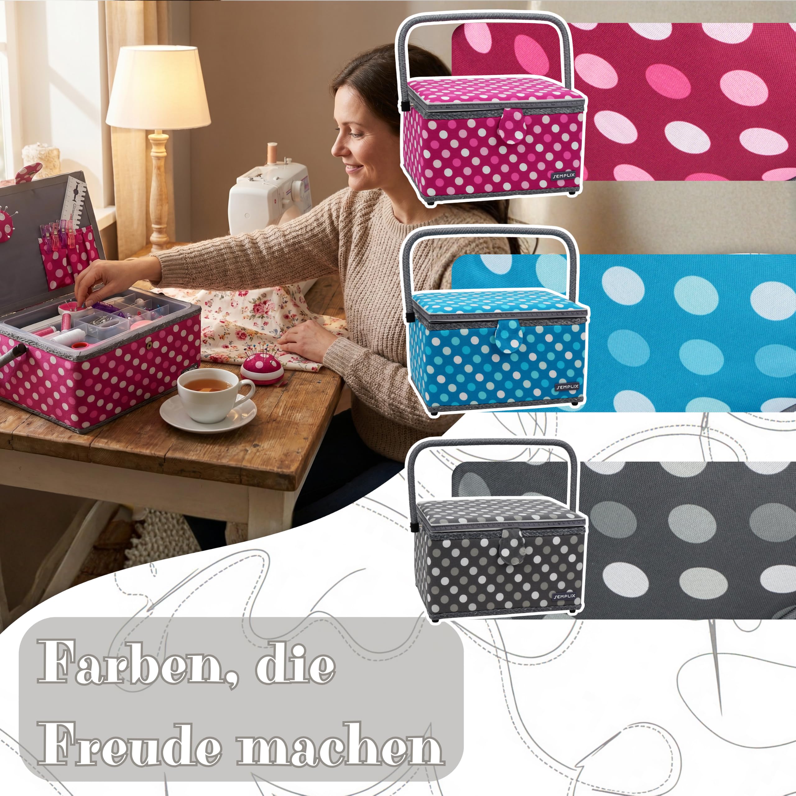 SEMPLIX Nähkorb Größe L, Polka Dots Anthrazit/Grau (30,5x22,5x19cm), Nähkästchen im frechen Punktedesign, Naehkasten in 5 trendigen Farben