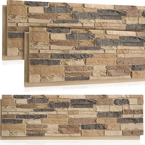 3 Pack Faux Stone Panels Interior 45.6''l x 11.8''h x 0.98''d Faux Siding Panels Exterior Artificial 3D Veneer for Wall Decor Outdoor Home Improvement Projects (Light Brown)