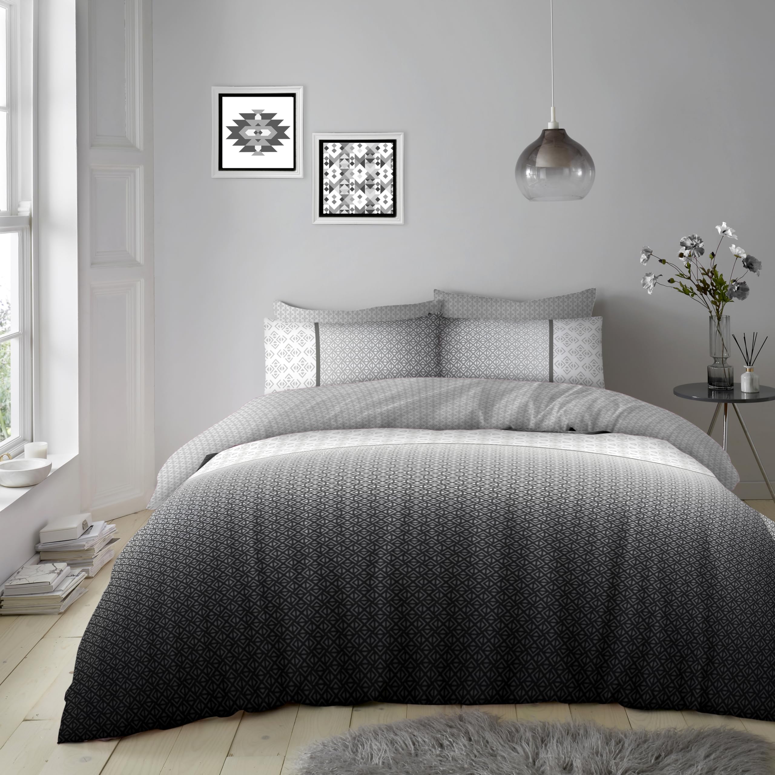 Gc Gaveno Cavailia Grey Triangle Double Quilt Cover | Reversible Cotton Blend Bedding | Textured Duvet Cover Double With Pillowcases | Easycare Bedding & Linen |
