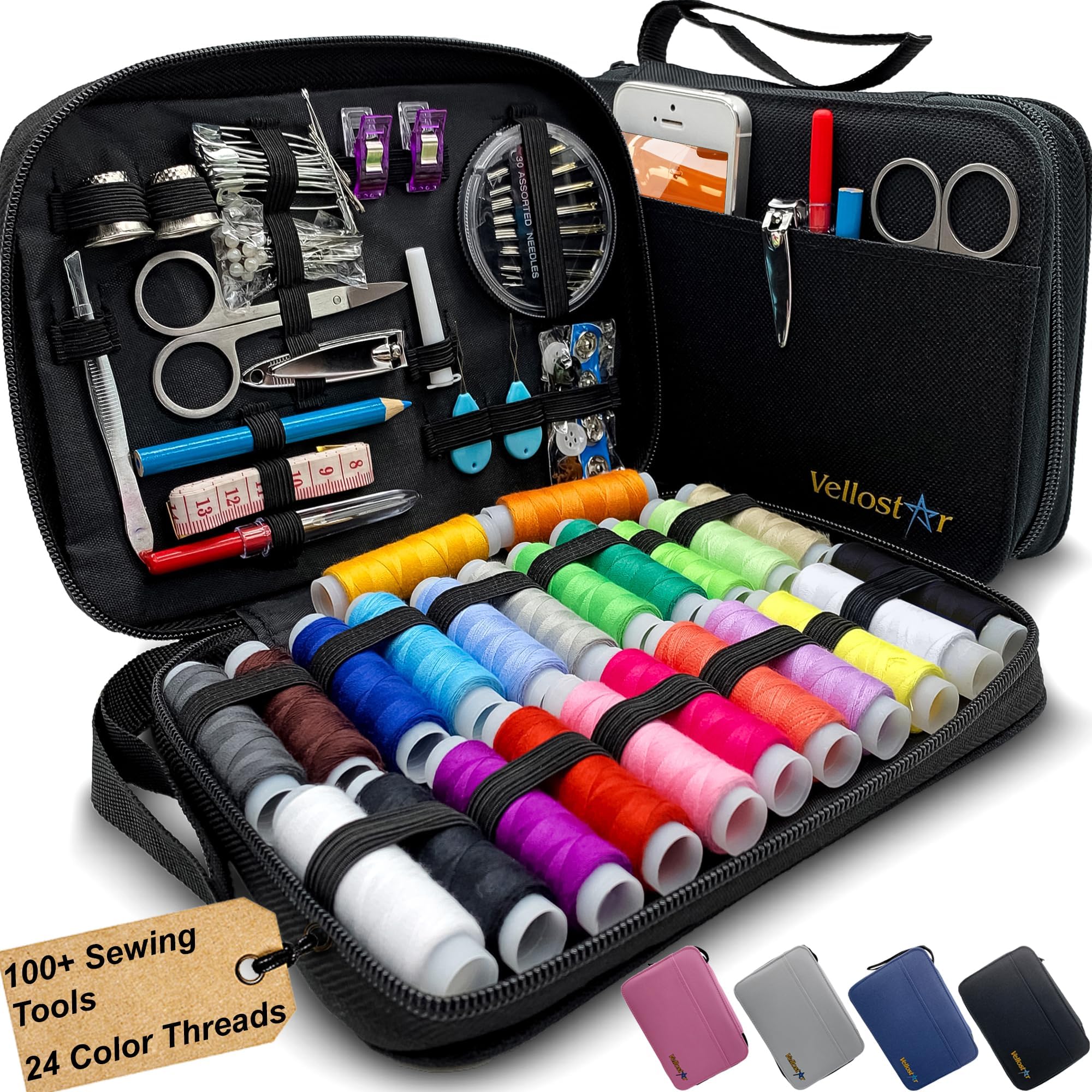 Vellostar Sewing Kit for Adults & Beginners – Portable Needle & Thread Travel Kit w/ 24 Thread Colors, Needles, Scissors & Tape Measure for Emergency Clothing Repairs, Buttons, Hemming & Home Mending