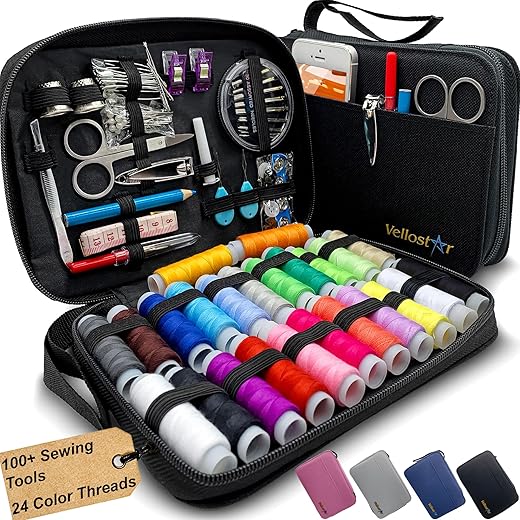 Vellostar Sewing Kit for Adults & Beginners – Portable Needle & Thread Travel Kit w/ 24 Thread Colors, Needles, Scissors & Tape Measure for Emergency Clothing Repairs, Buttons, Hemming & Home Mending