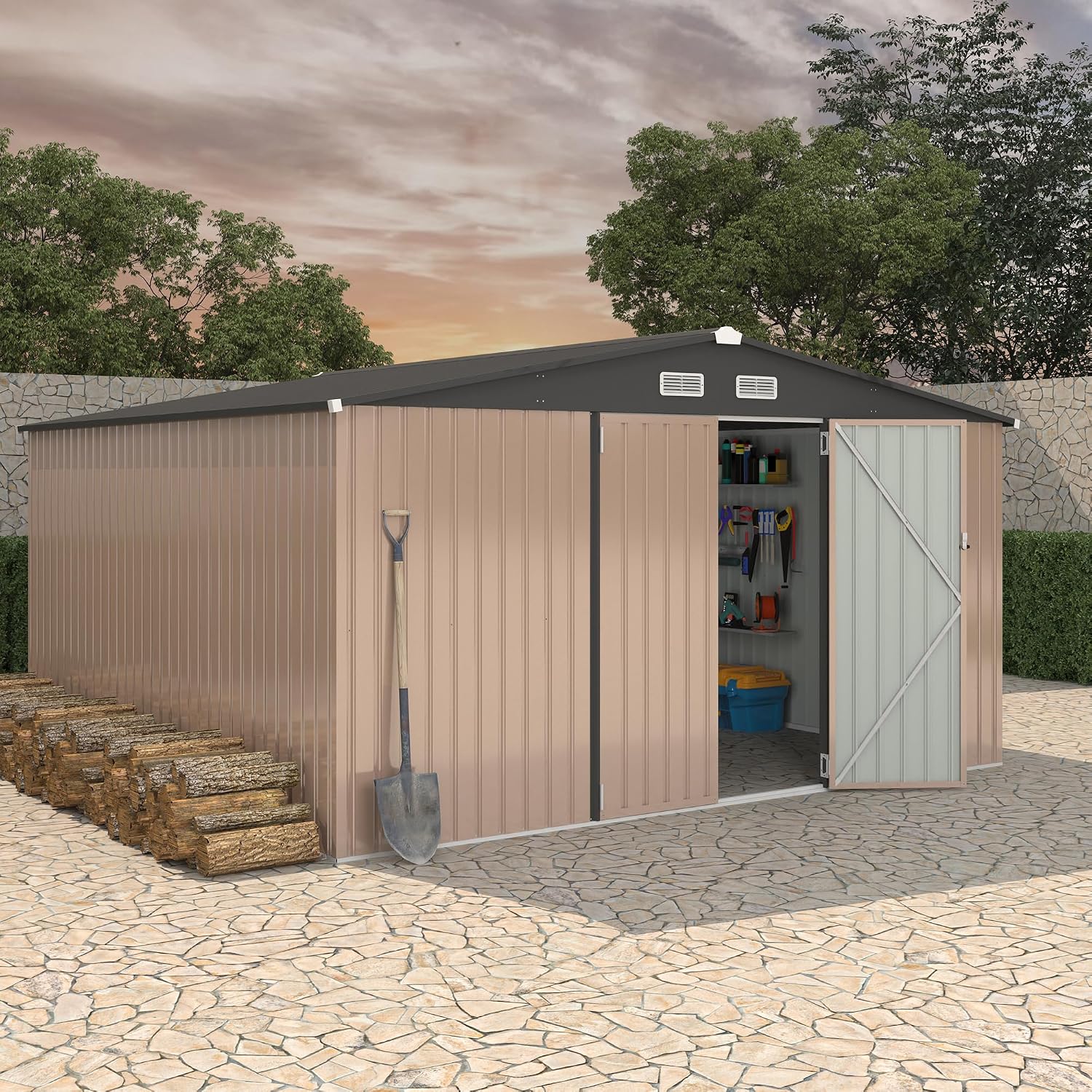 12x12 FT Metal Storage Sheds Outdoor, Metal ToolShed with Lockable Door, Metals Yard Sheds Metals Garden Shed Kit, MetalUtility Sheds Buildings with Air Vent for Backyard Garden Patio Lawn