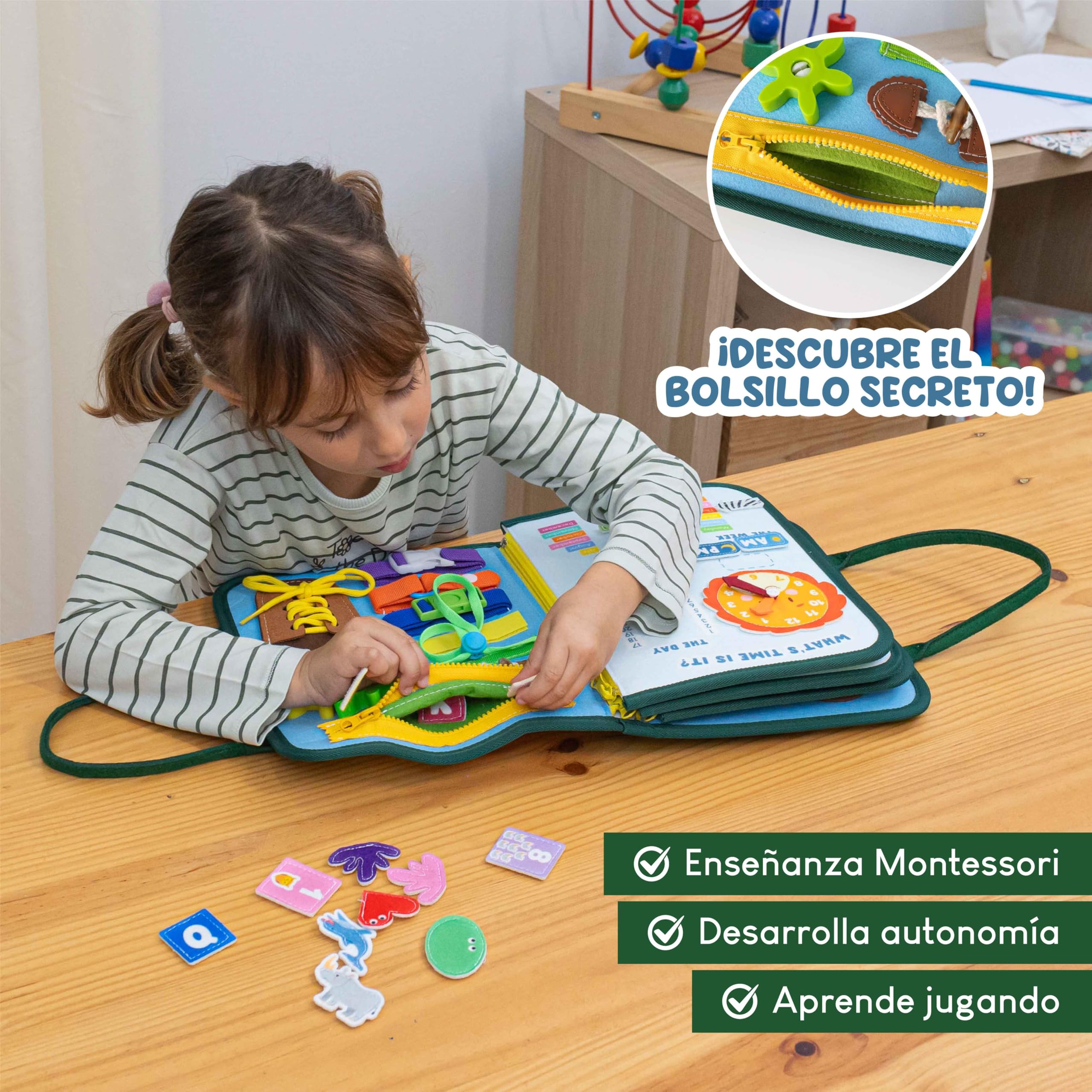 BONNYCO Busy Board Montessori de Fieltro, Maletin de Paneles Sensoriales Montessori. Tablero Busy Book, Juguetes Educativos Motricidad Fina. Juguetes Regalos para Niños y Niñas Cumpleaños, Navidad