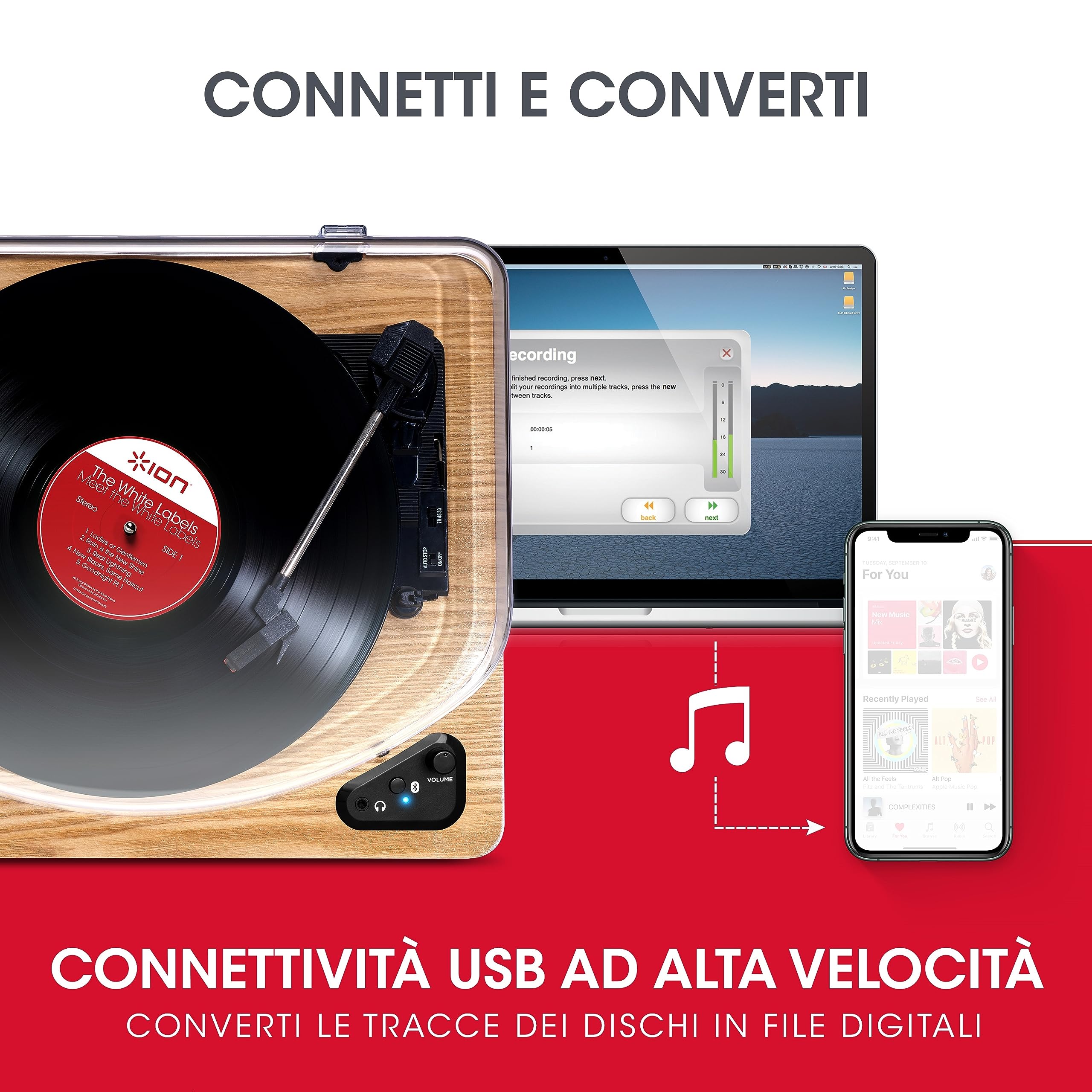 ION Audio Air LP Wood - Giradischi Vinili Bluetooth a Tre Velocità con Software di Conversione USB - Finitura in Legno Anticato