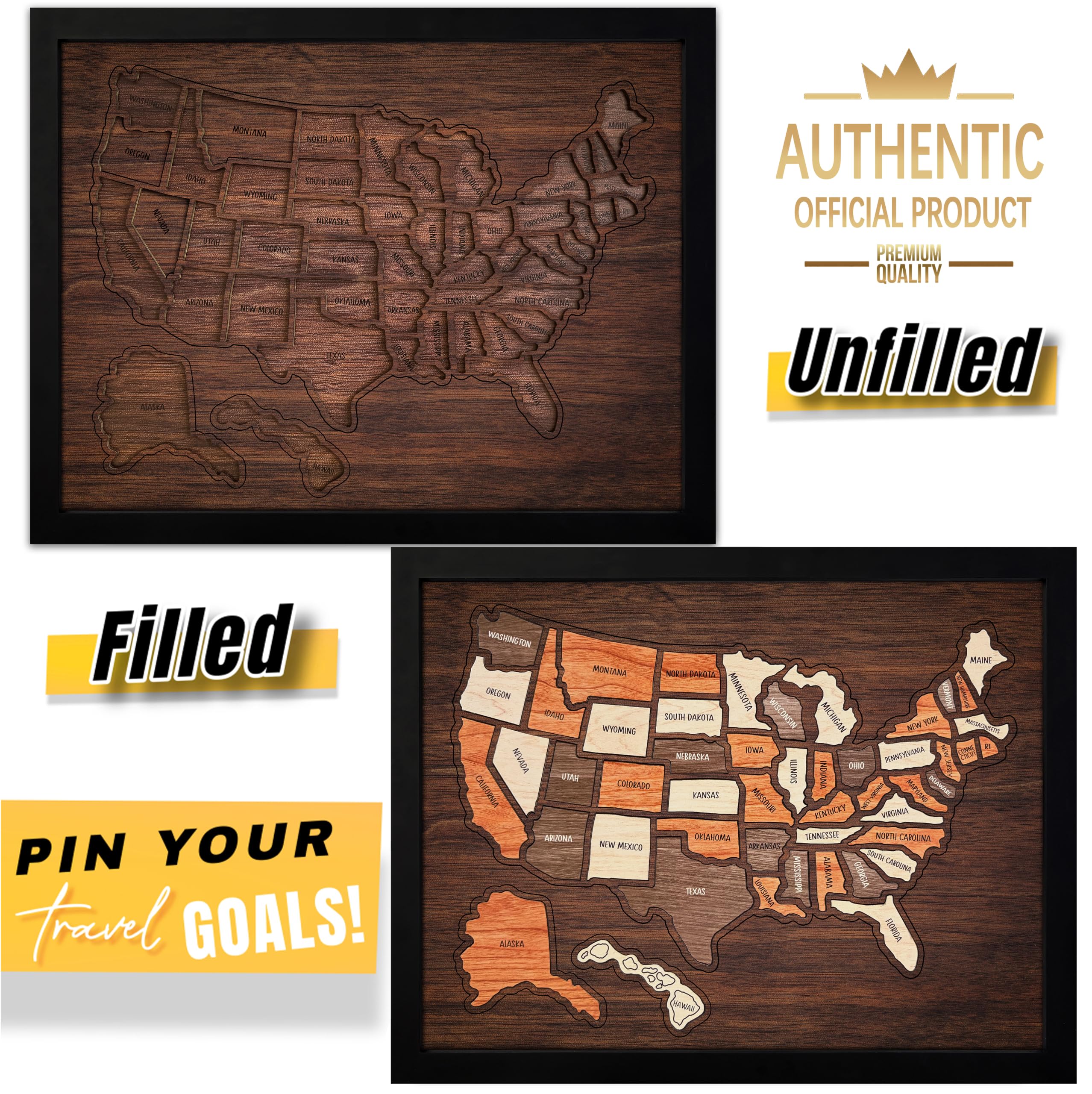flinelife Carte de voyage des États-Unis, 43,2 x 33 cm, puzzle en bois, parfait pour les couples et les familles