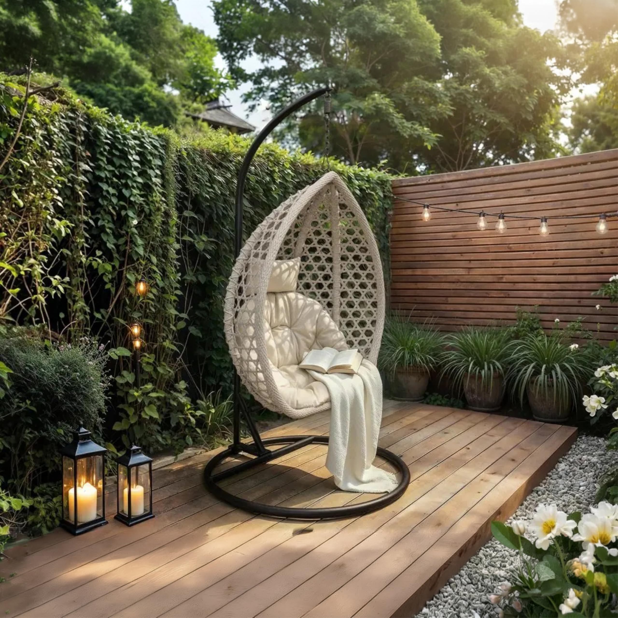 Solace+Co - Lola Rattan Egg Chair, Hanging Egg Chair with Stand, Relaxing with Spacious Design and Foam Cushions, Foldable Basket, Weatherproof, Suitable for Indoor and Outdoor Spaces (Grey)