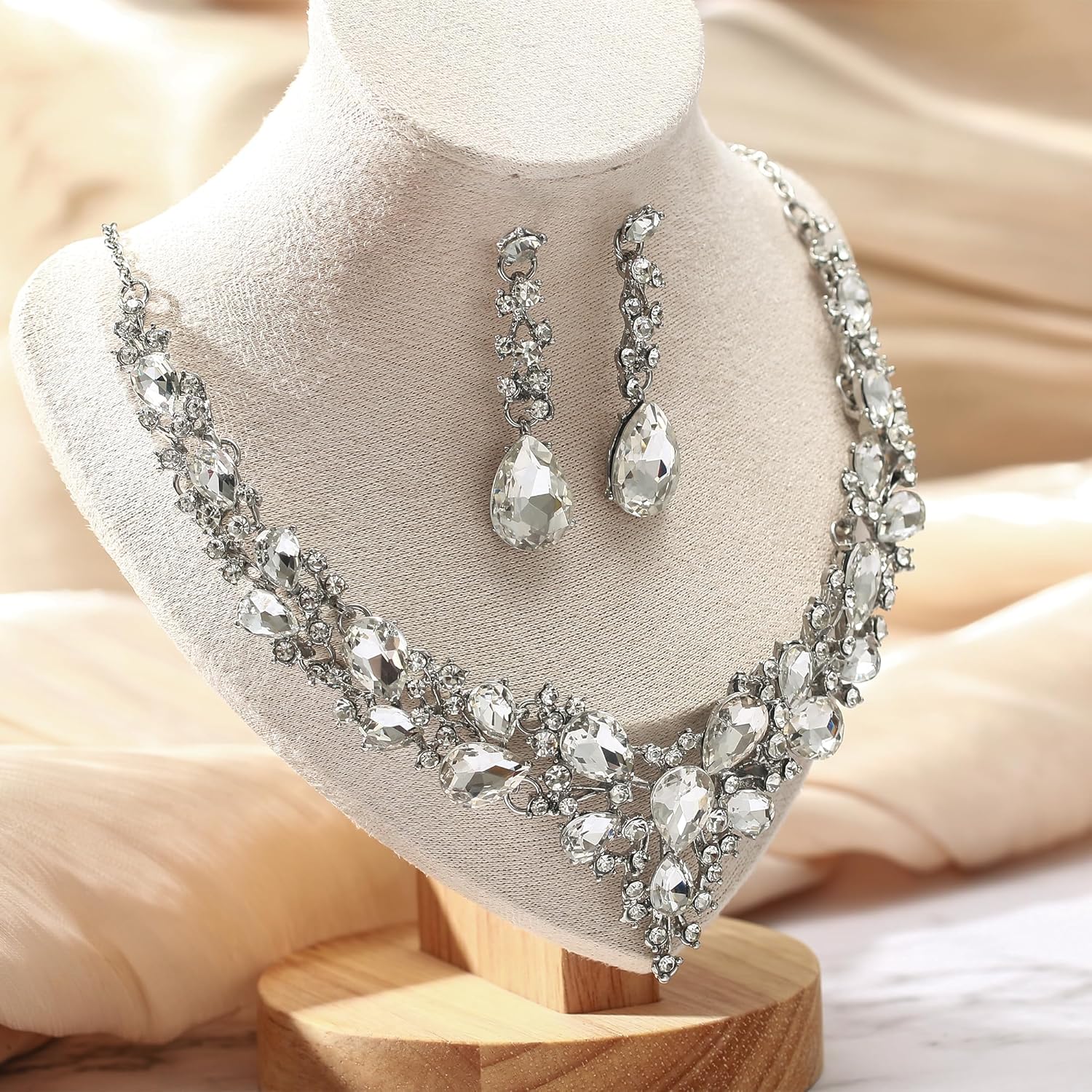 BriLove Women's Wedding Bridal Austrian Crystal Teardrop Cluster Statement Necklace Dangle Earrings Jewelry Set - Image 5