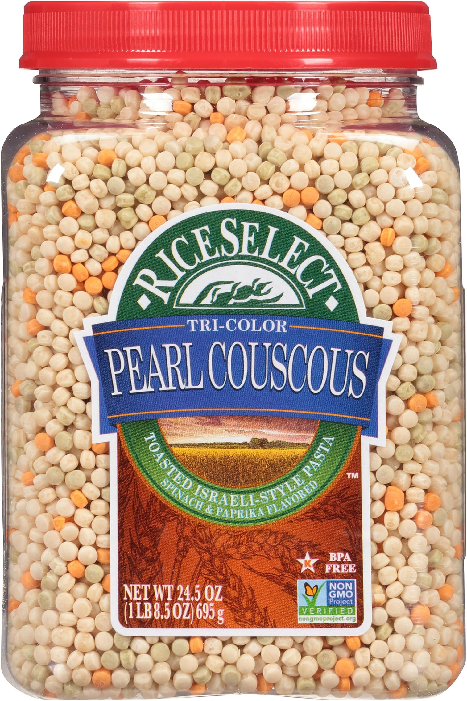 RiceSelect Tri-Color Pearl Couscous, Toasted Israeli-Style Pasta, Spinach and Paprika Flavored, 24.5 Ounce Jar (Pack of 1)