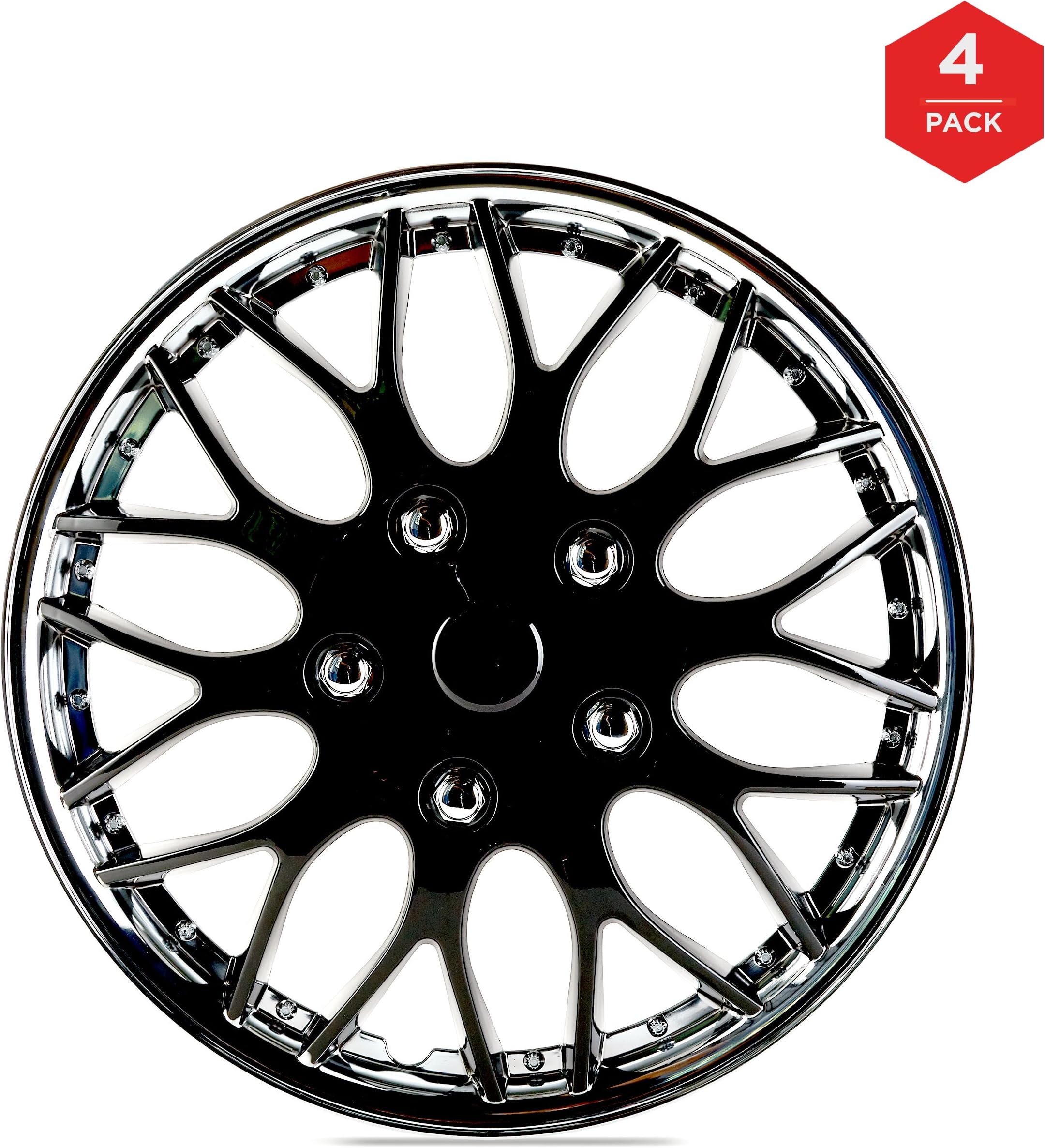 mAuto 15 Inch ABS Plastic Hubcaps, Premium Double Coated Quality Car Wheel Covers for Toyota, Corolla, Camry, Honda, Nissan, Ford, Kia Replica Factory Replacement – Black Chrome Lip – Set of 4