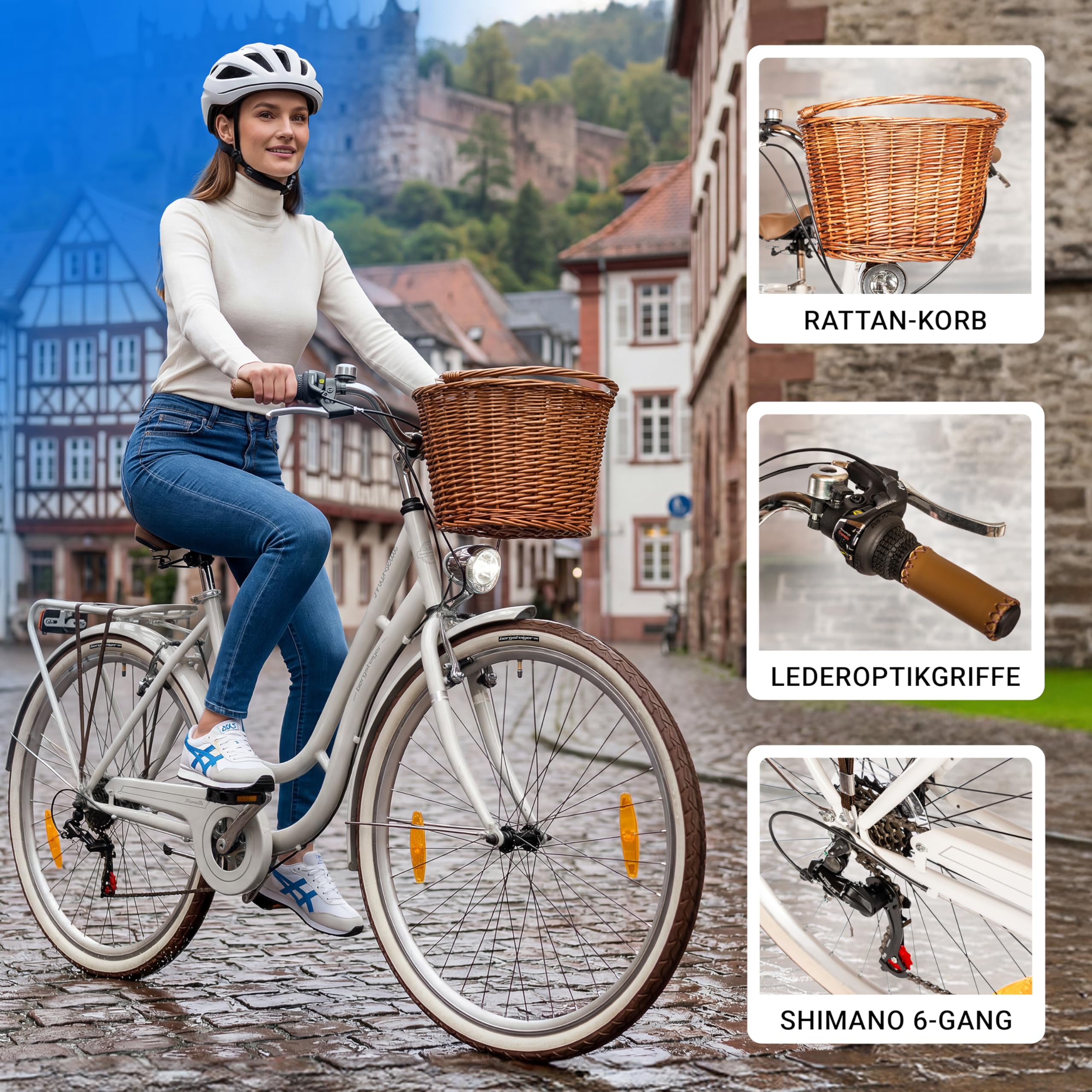 Bergsteiger Marseille 26/28 Zoll Damen Citybike im Retro-Design | Modisches Damenrad ab 150 cm Groesse mit 6 Gängen, Rattan-Korb und StVZO Licht. Zu 90% komplett vormontiert geliefert.