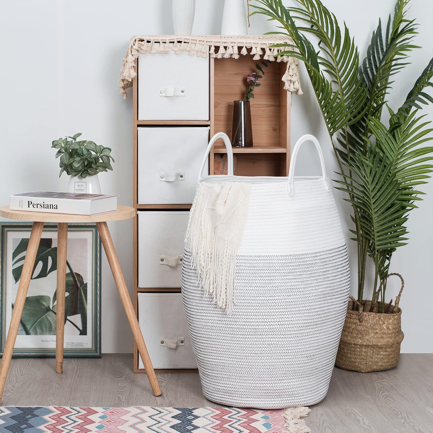 MINTWOOD Design Extra Large 25.6 Inches High Decorative Woven Cotton Rope Basket, Tall Laundry Hamper with Handles, Blanket Basket Living Room, Storage Baskets for Toys, Throws, Pillow, Black Stitches