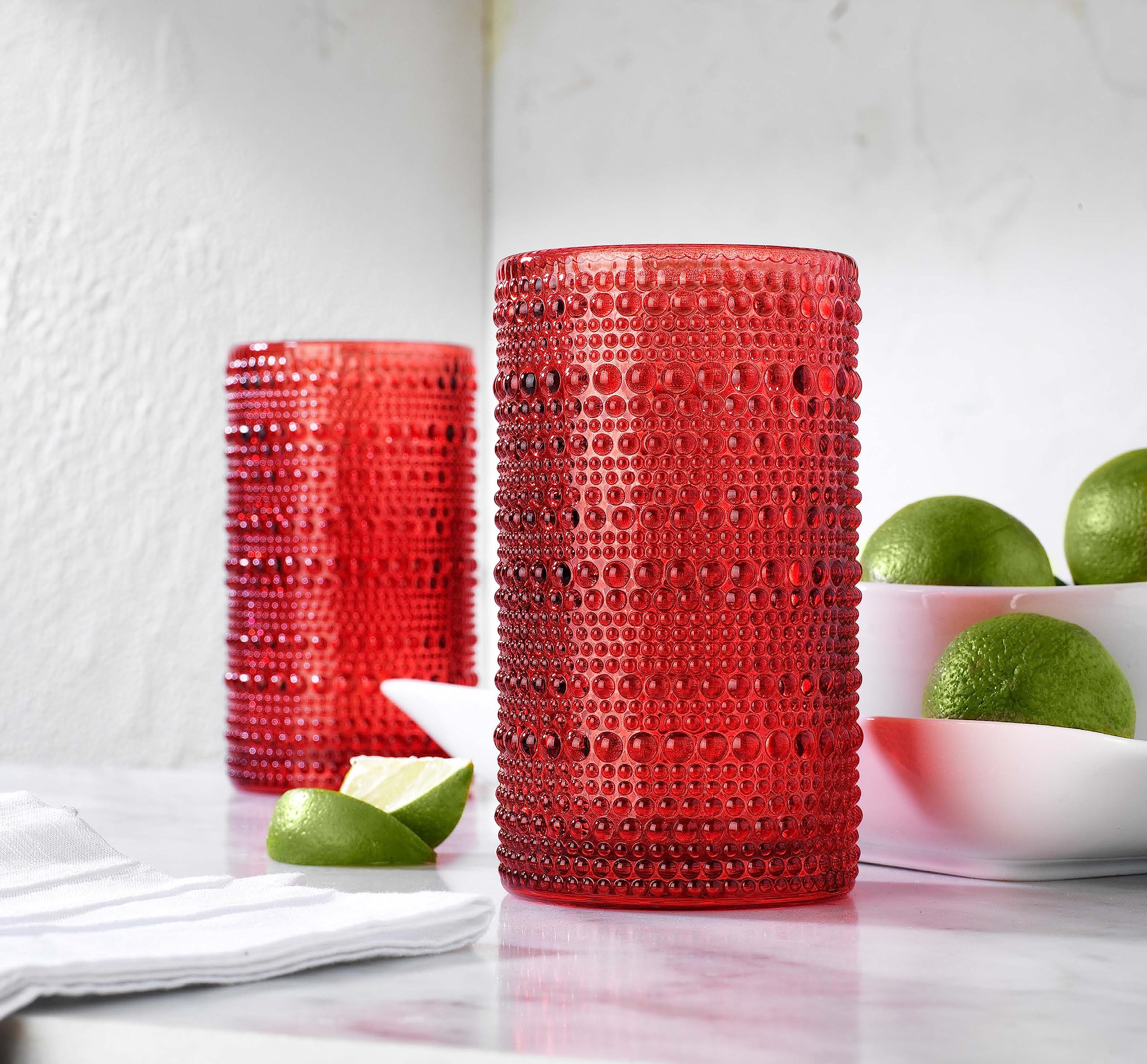 Glaver's Drinking Glasses Set of 4 Red Vintage Glassware. Christmas 15 Oz. Everyday and Holiday Dinner Beaded Drinking Glasses for Water, Juice, Cocktail.