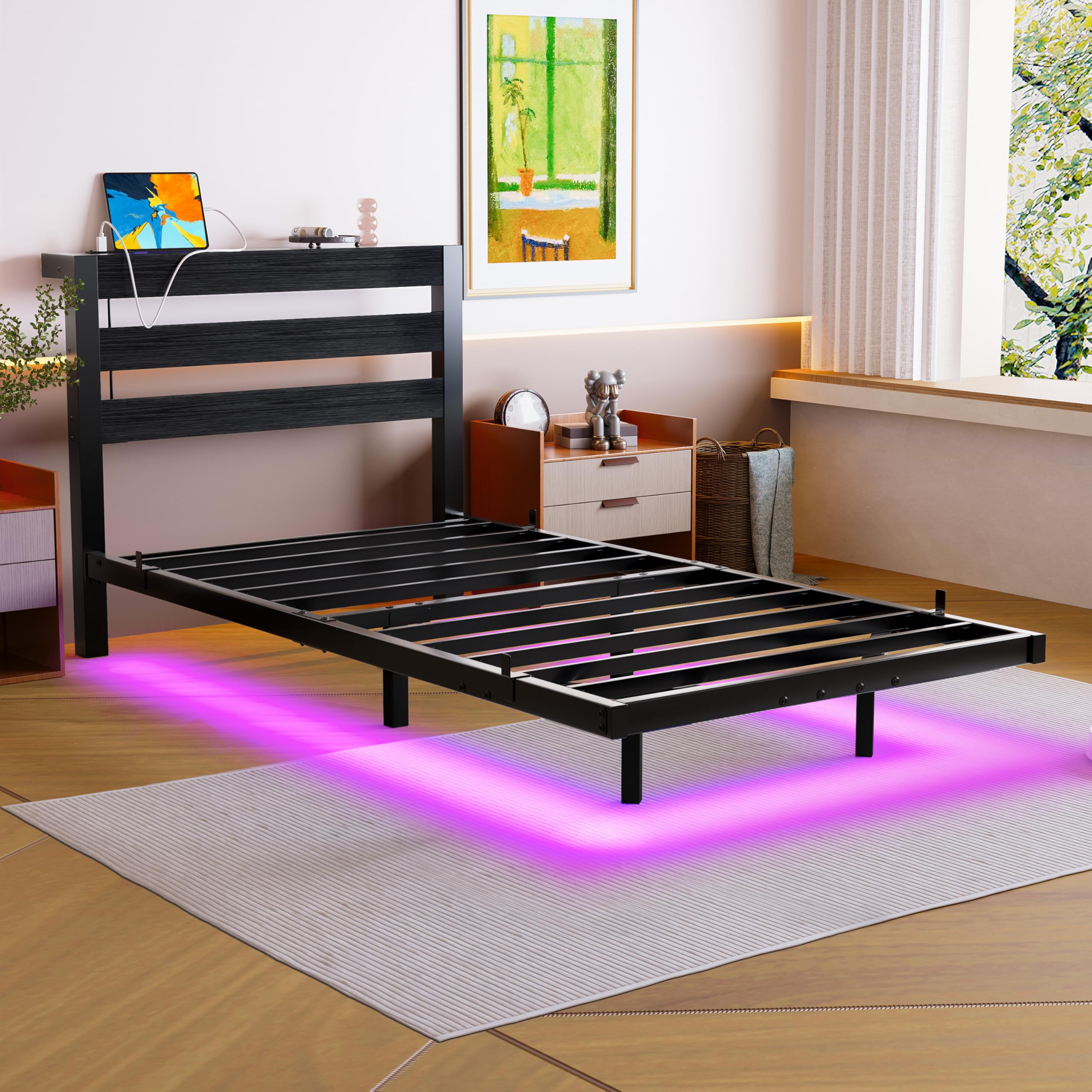 Telaio letto singolo galleggiante da 0,9 m con luci a LED e stazione di ricarica USB, struttura per letto in metallo con testiera in legno, non necessita di rete imbottita, supporto a doghe