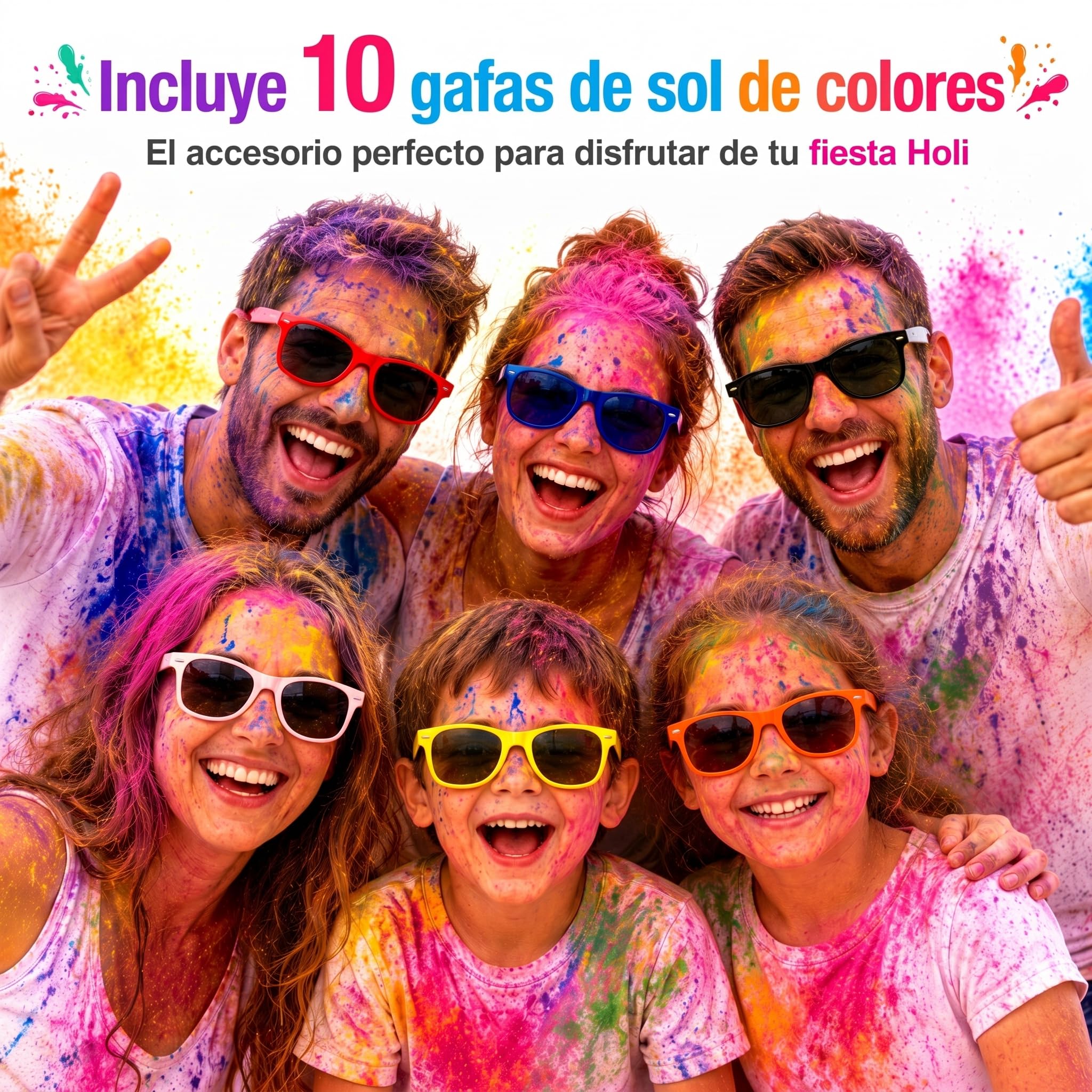 Holi Pack 60 Bolsas + 10 Gafas - 8 Colores - Bolsas de 75gr - Pinta de Color tus Fiestas Holi