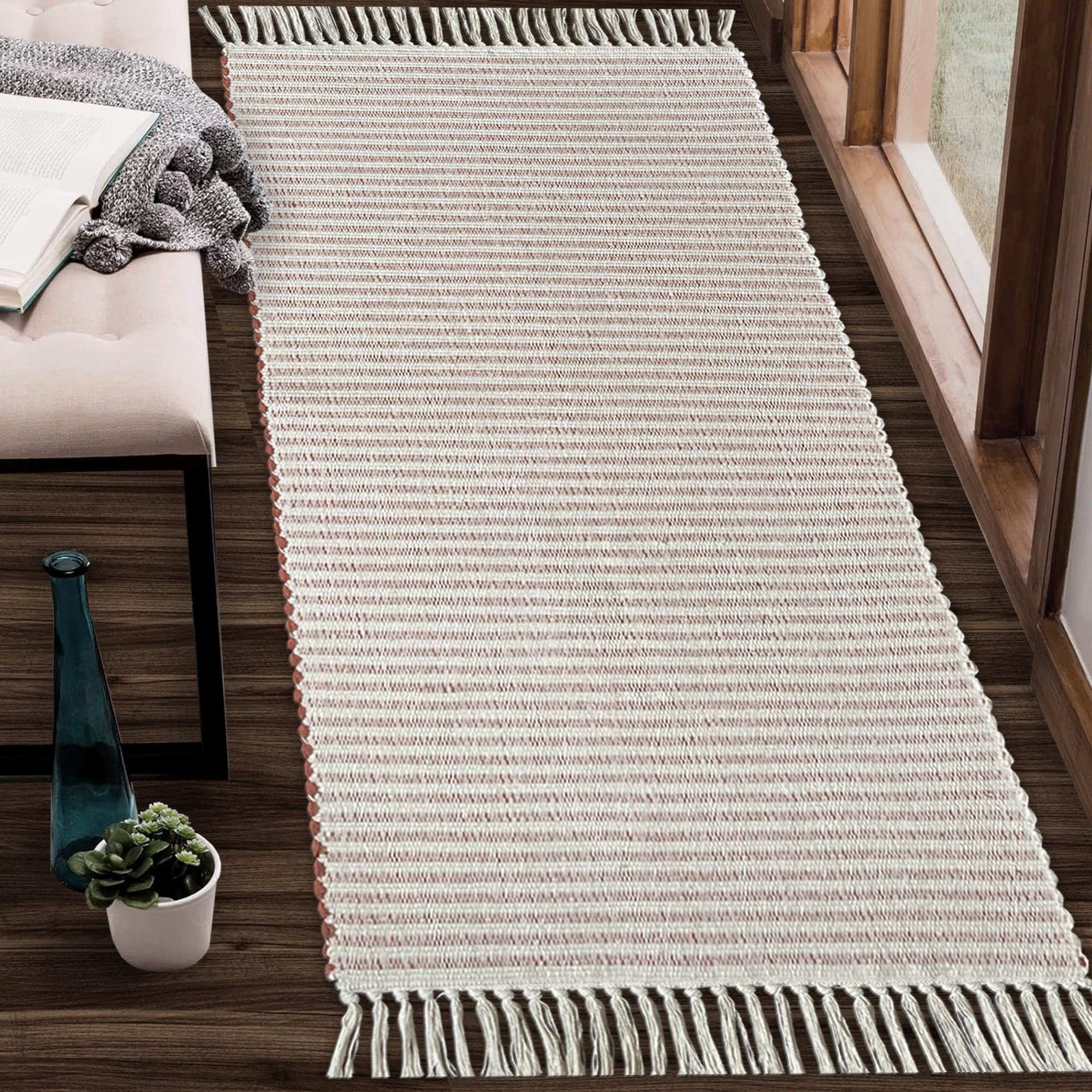 Chardin home Rust & Ivory Providence Throw Rug 2x6 feet |Hand Woven Farmhouse Rug | Great in Kitchens entryways doormats Bathrooms Meditation Mat |