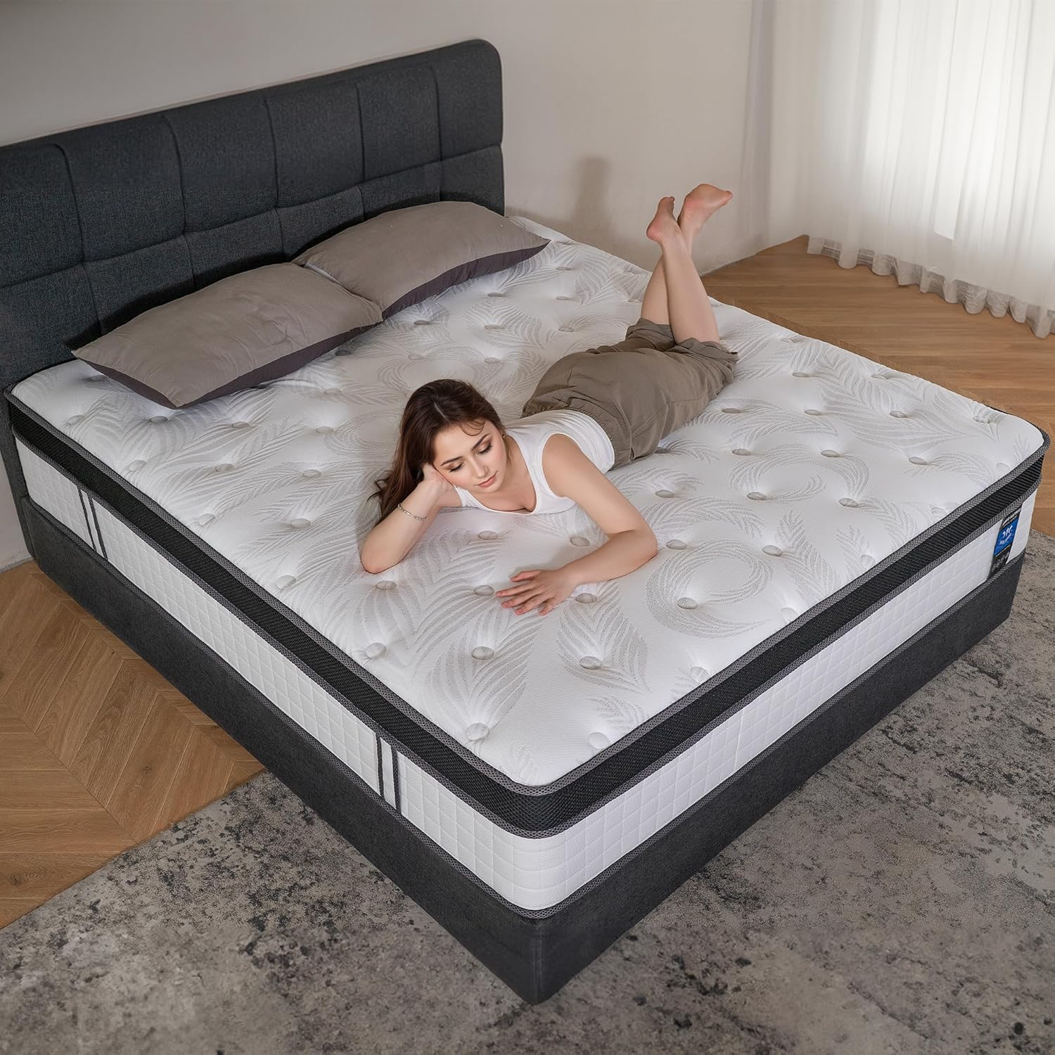 Queen Mattress Plush 12 Inch Cooling Gel Memory Foam Hybrid 7 Zone Pocket Springs, Bed in a Box, Breathable Cover, Motion Isolation, Back Pain Relief, CertiPUR US & Oeko TEX Certified