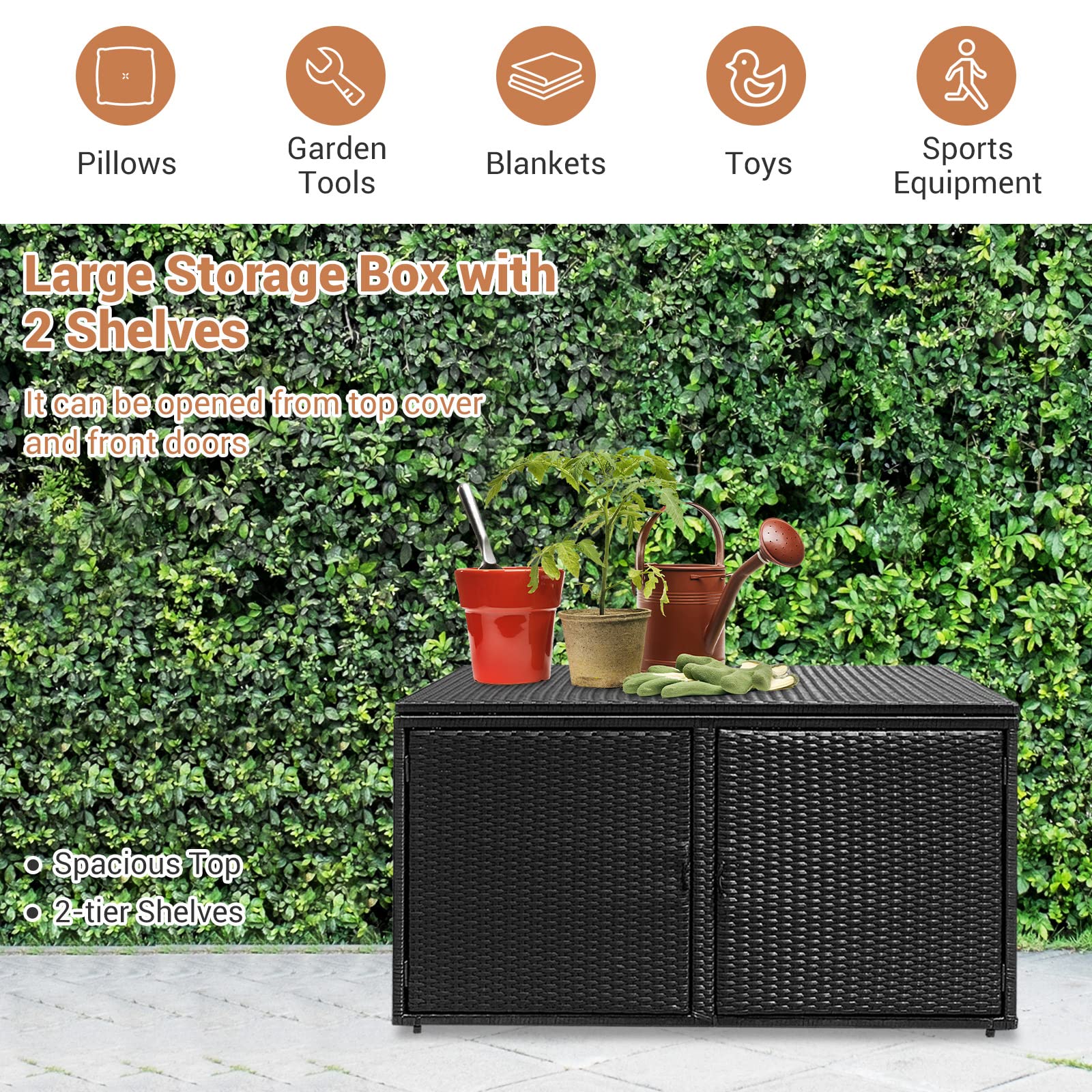 GIANTEX Cassapanca Per Esterni in Metallo e PE Rattan, Ideale Per Tenere in Ordine, 310 L,115 x 60 x 65/120 cm, 2 Colori (Nero)