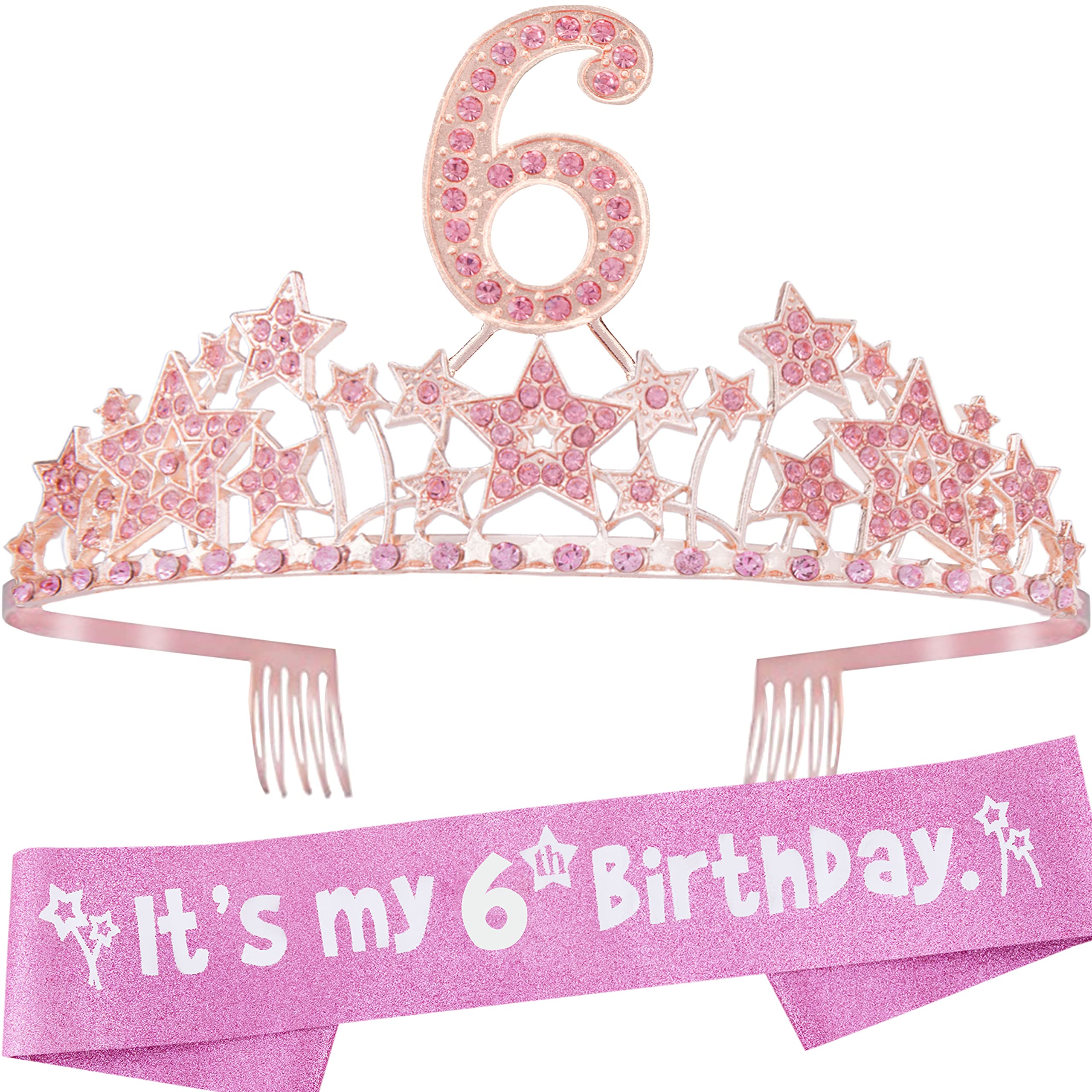 EBE EmmasbyEmma 6th Birthday Sash and Tiara for Girls - Fabulous Glitter Sash + Starry Sky Rhinestone Pink Premium Metal Tiara for Girls, 6th Birthday Gifts for Princess Party