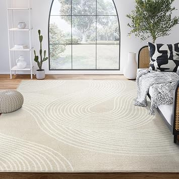Abani Beige and White Swirl Area Rug | 6x9 Cream Carpet with Wave Pattern | Modern Rug for Living Room, Bedroom and Office | Nuevo Collection