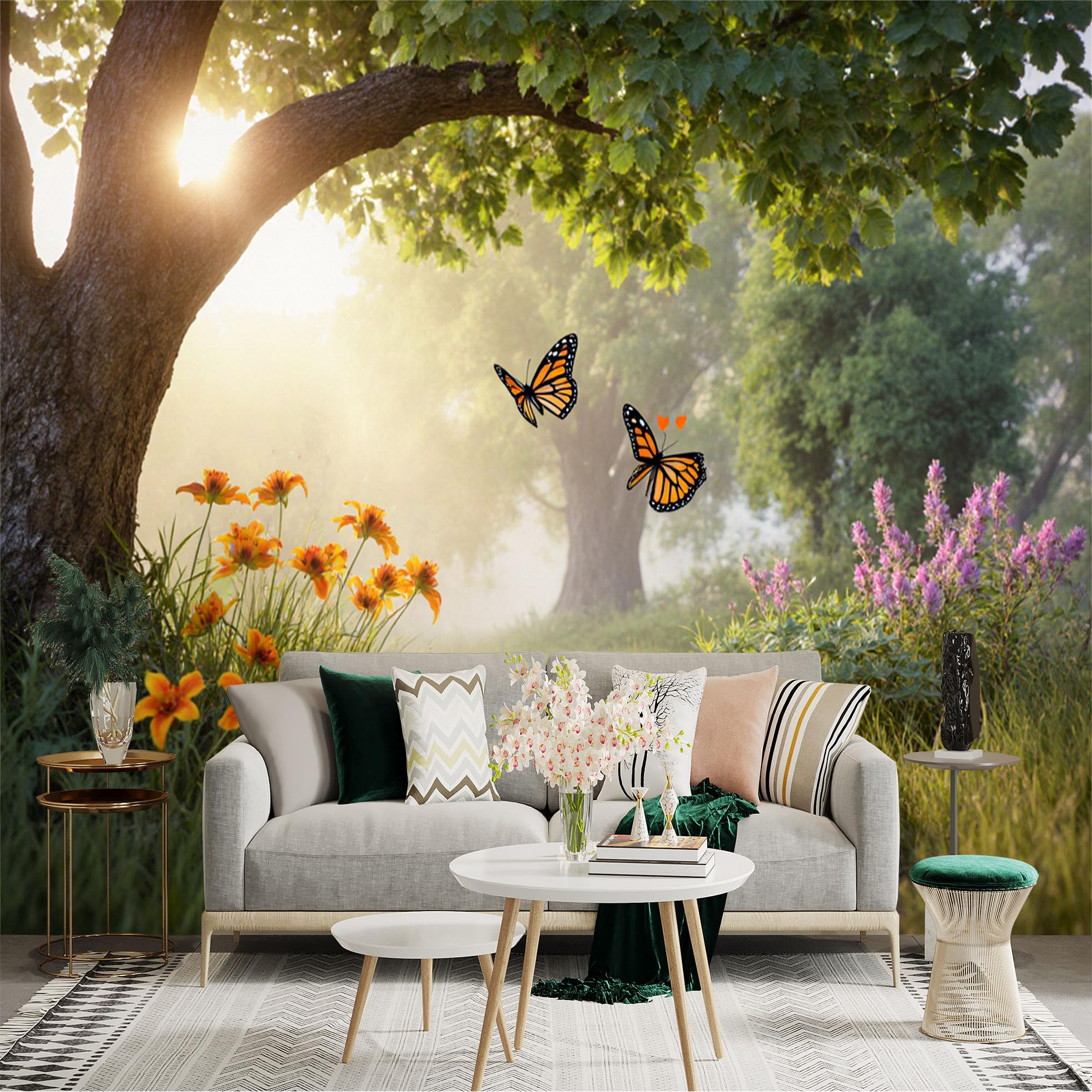 Custom Size Wall Sticker Mural， Enchanting Forest View with Golden Sunlight， Orange Butterflies， Wildflowers and Stone Platform， for wall Decoration， peelandstick wall Decals.