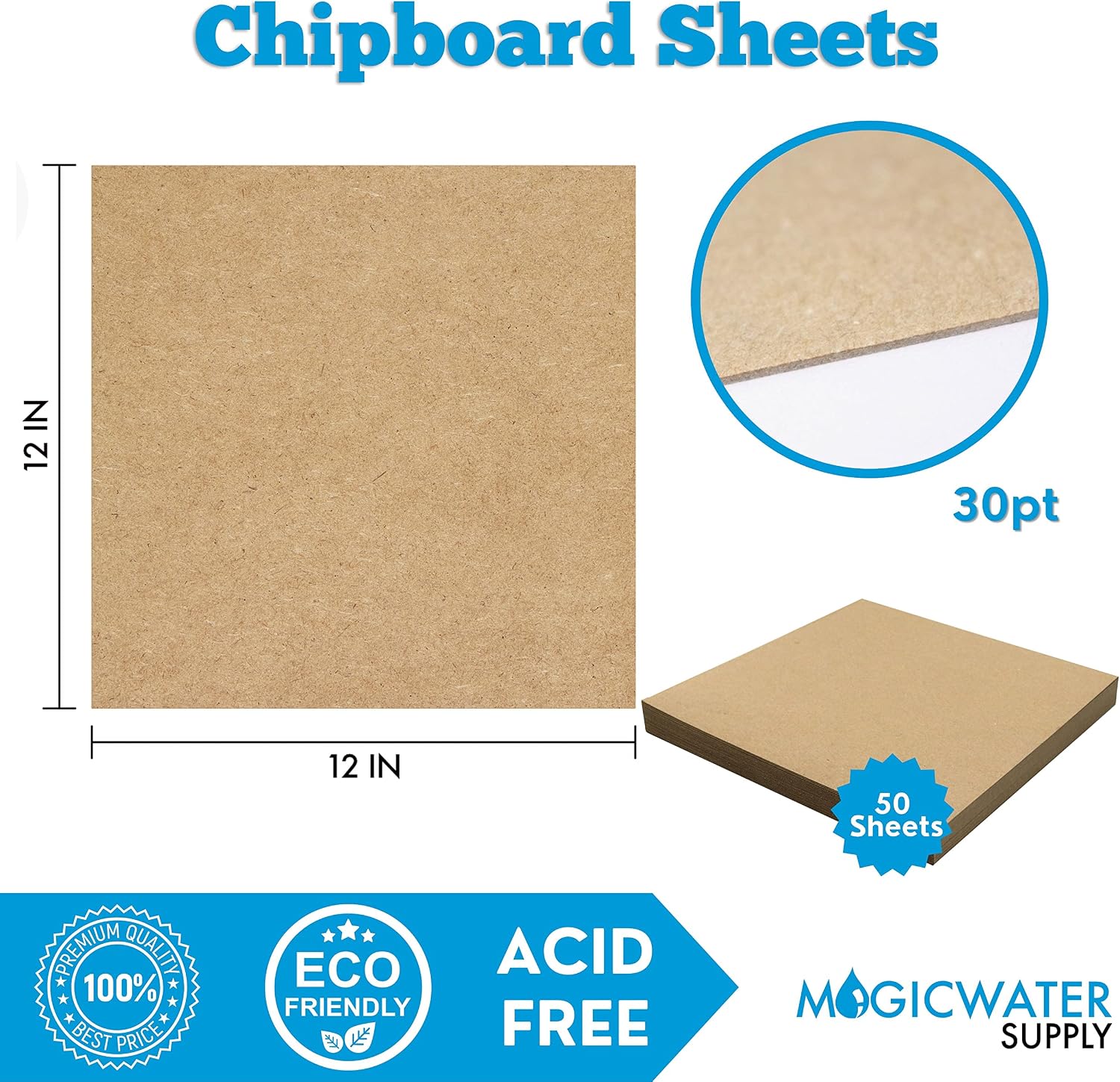 50 Chipboard Sheets 12 x 12 inch - 30pt (point) Brown Kraft Cardboard for Scrapbooking & Picture Frame Backing (.030 Caliper Thick) Paper Board | MagicWater Supply