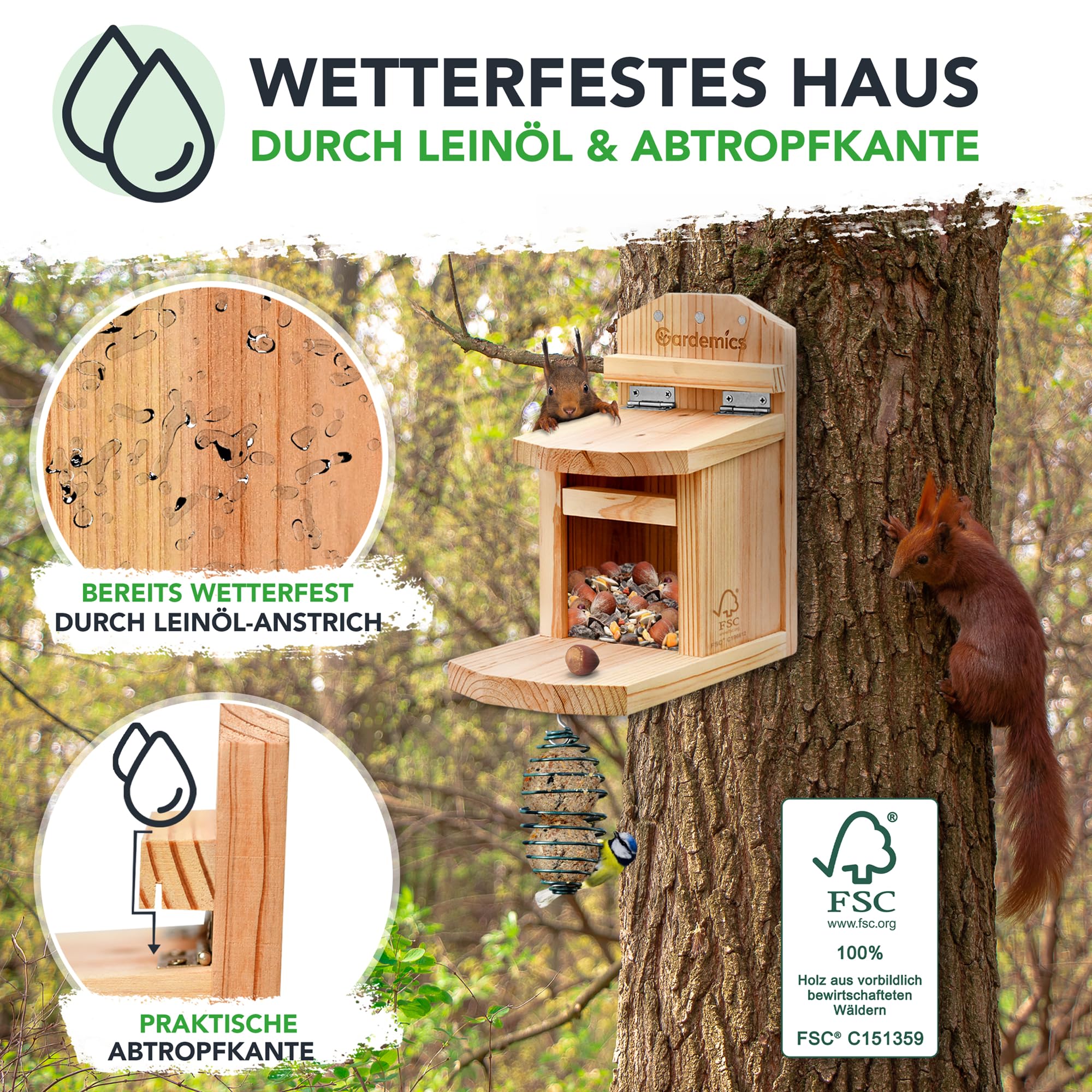 Gardemics Eichhörnchen Futterhaus wetterfest - Stabiles Eichhörnchen Haus aus verschraubtem Holz mit unbedenklicher Leinöl-Beschichtung - Eichhörnchen Futterstation inkl. Belüftungslöchern