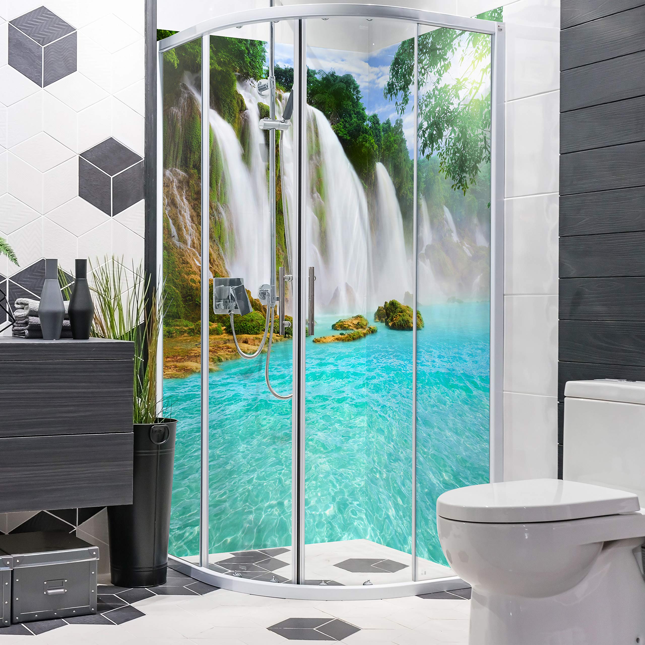 Dedeco Eck-Duschrückwand Wasserfest – V13 Wasserfall-Motiv, 2x 90x200 Cm