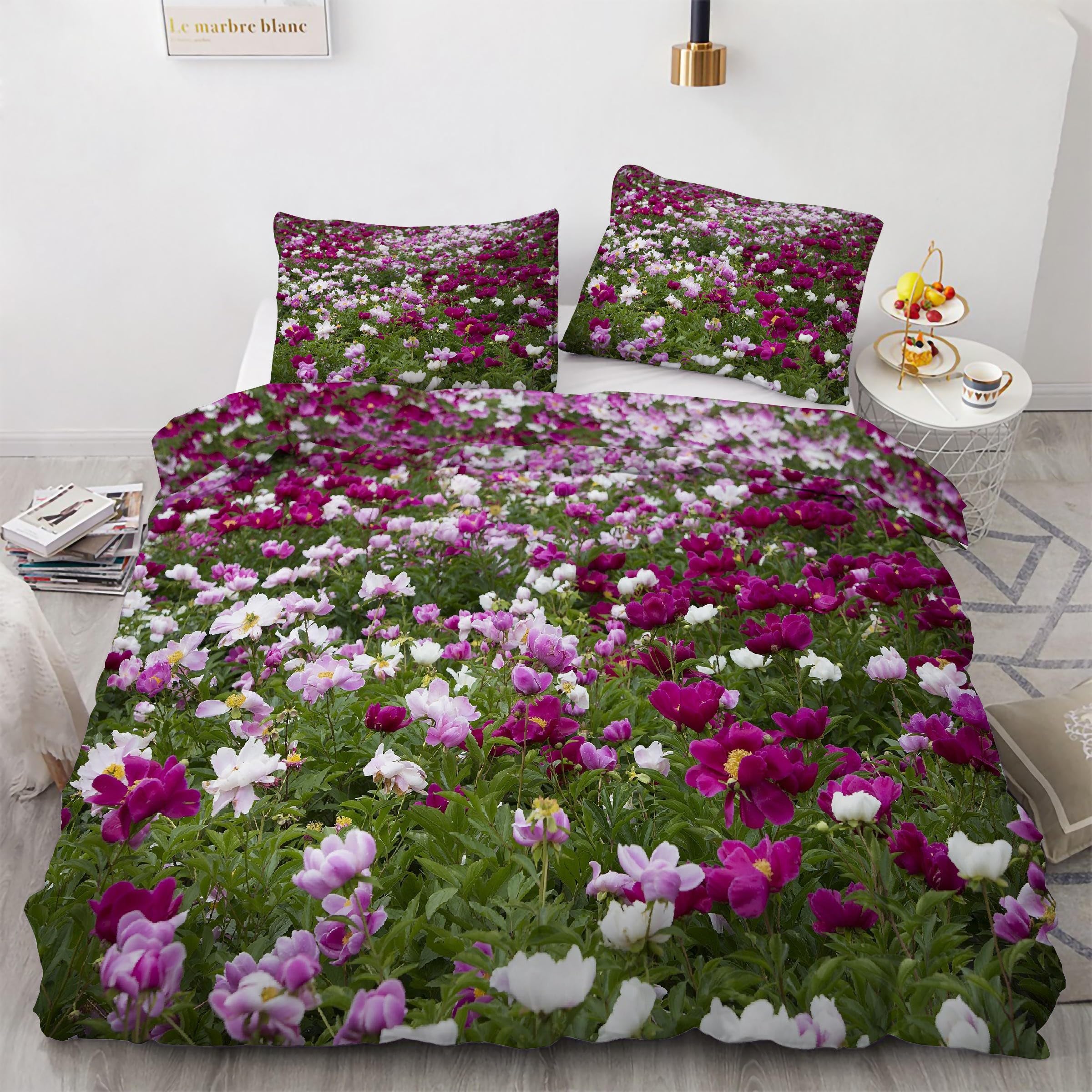 Parure de lit 90x190 rose pivoine avec housse de couette en microfibre et 2 taies