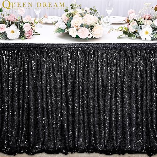 Miniatura 3 de Falda de mesa para mesa rectangular de 14 pies, mantel negro con purpurina para fiesta de cumpleaños, baby shower familiar