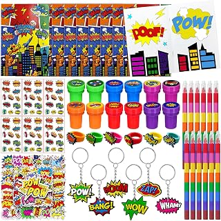 Cinrobiye 72 Pcs Superhero Party Favors Set, 7 Types Coloring Books, Stickers, Tattoos, Stampers, Keychains, Rings and Rainbow Pencils, Birthday Goodie Bag Fillers, Classroom Rewards, Carnival Prizes
