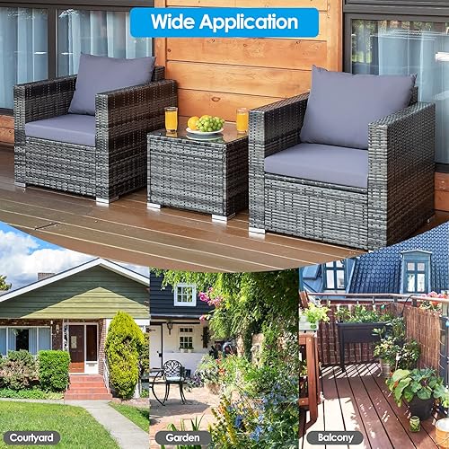 Miniatura 8 de RELAX4LIFE Juego de muebles de exterior de 3 piezas juego de sofá de ratán de polietileno para todo tipo de clima con cojines gruesos y mesa de café