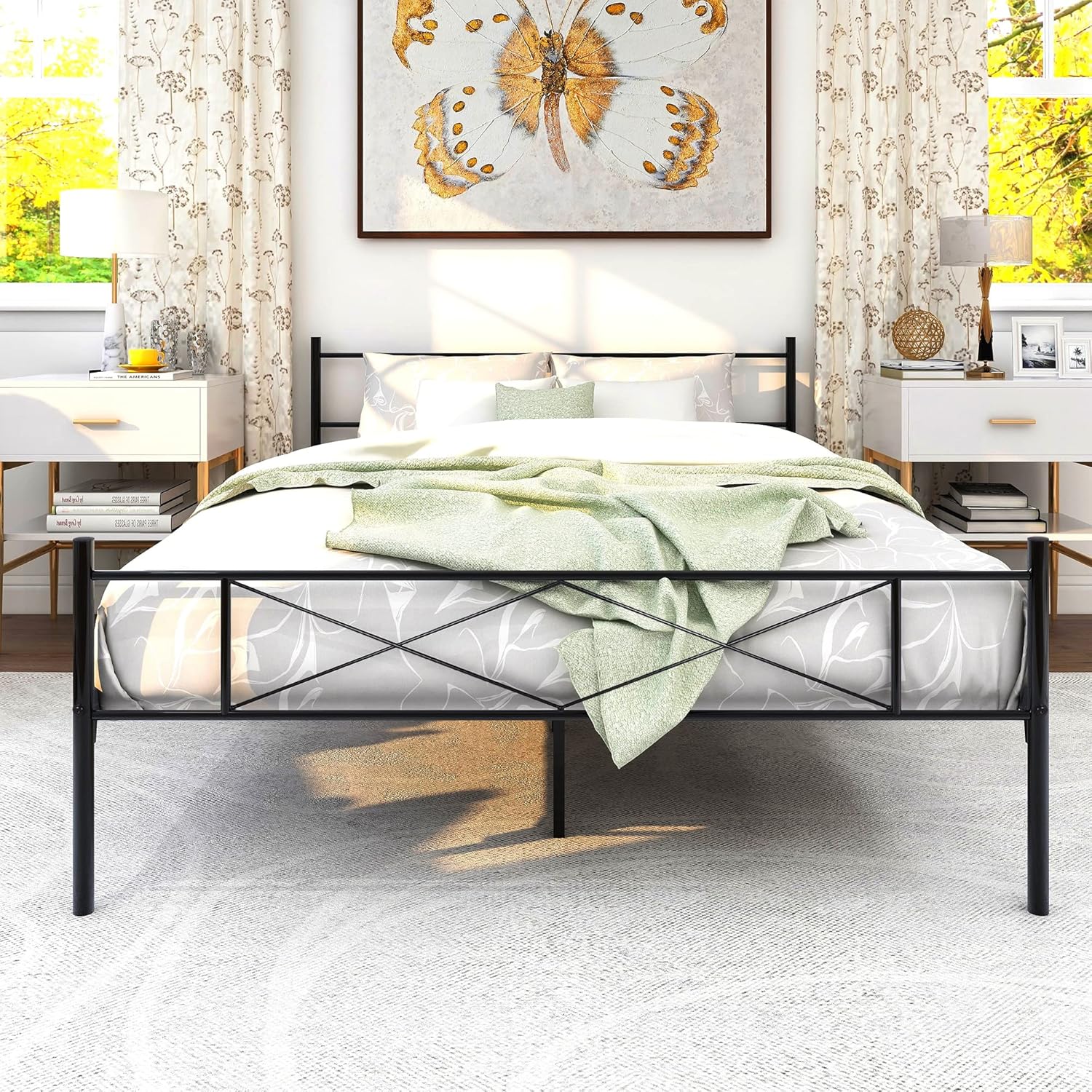 Metal Bed Frame Mattress Foundation with Headboard ,Steel Slat Support