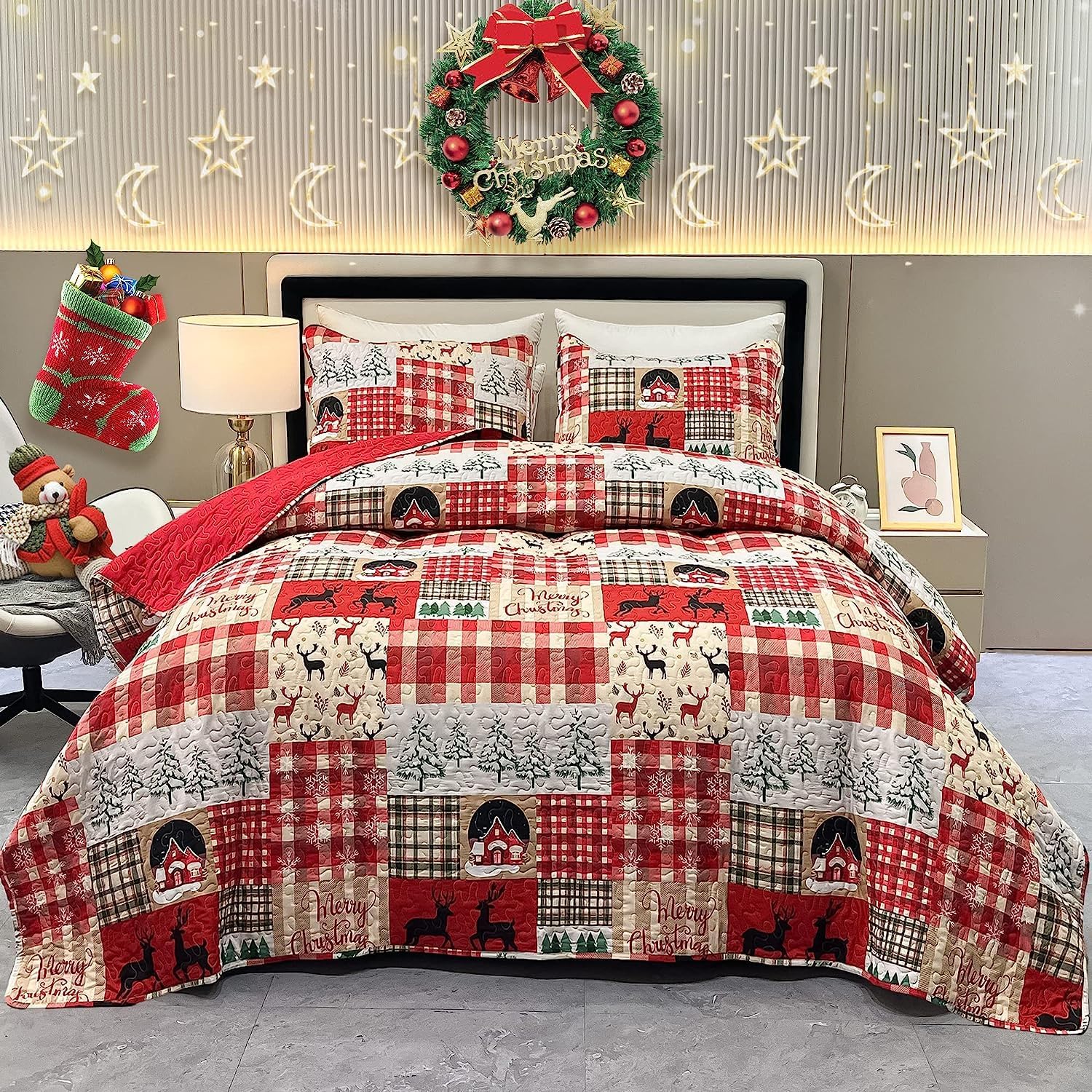 King Size Christmas Quilt Set Red Xmas Tree Snowflake Reindeer Lodge Cabin Quilted Patchwork Bedspread Coverlet 2-Piece Reversible Rustic Lightweight Christmas Comforter Bedding Set Bed Cover Blanket