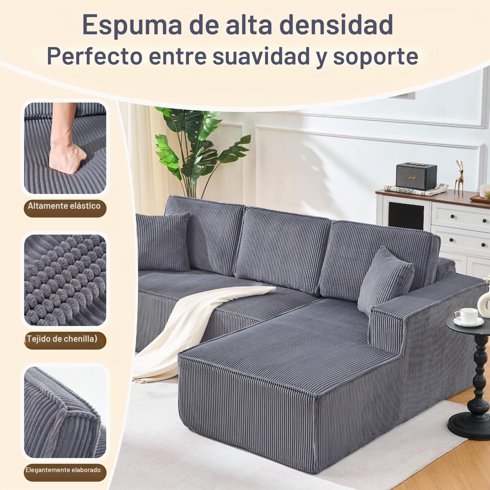 Wiuzo Sofá de pana comprimido en forma de L para 2 personas + chaise longue esquina, sofá modular esquinero con acolchado suave de espuma de alta densidad (gris + chaise longue derecho)