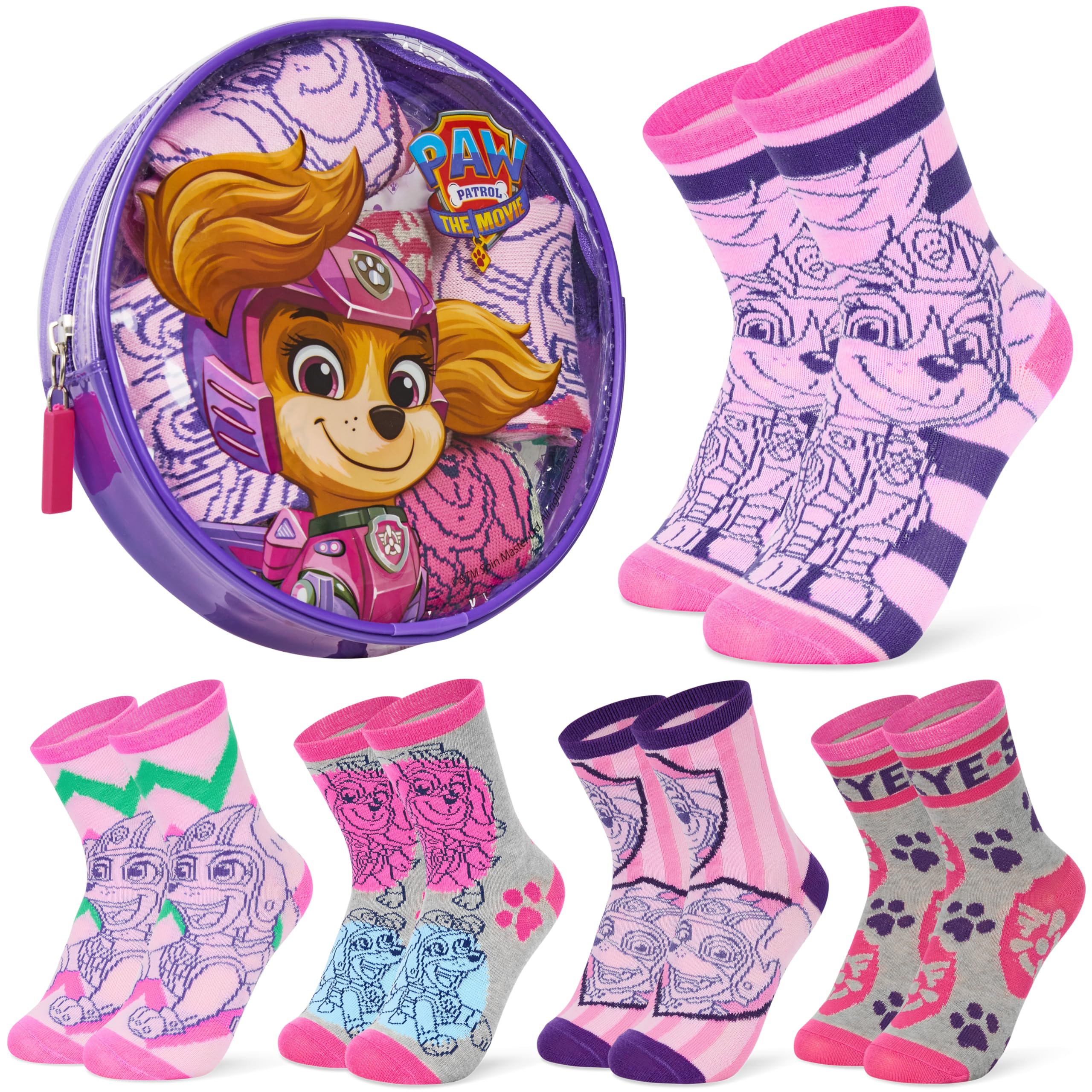 Paw Patrol Girls Purple/Pink Calf Socks, Soft Breathable Kids Socks Pack Of 5 - Gifts (, 3/5.5 Uk)