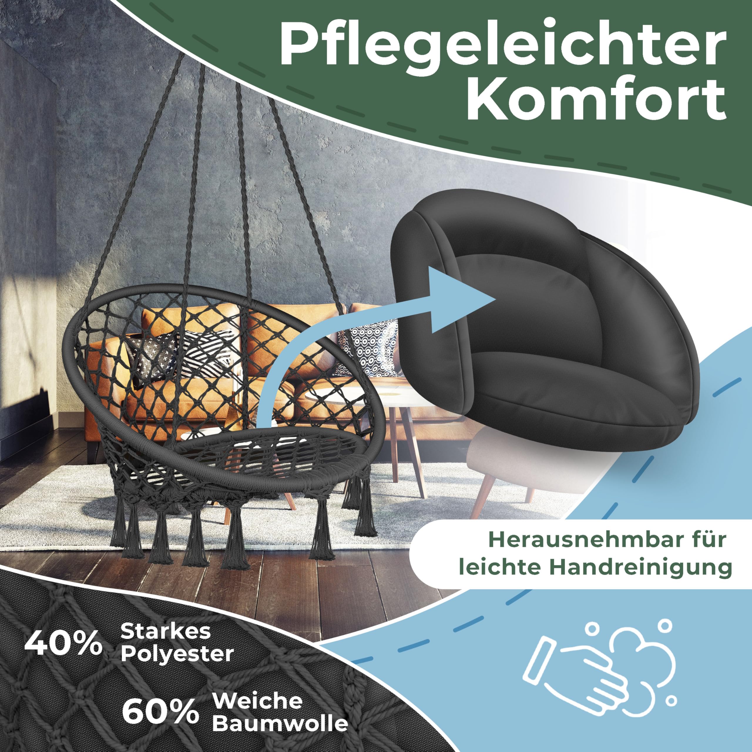 Poltrona Sospesa KESSER&reg; Con Cuscino - Portata 150 Kg, Design Macram&egrave;, Beige