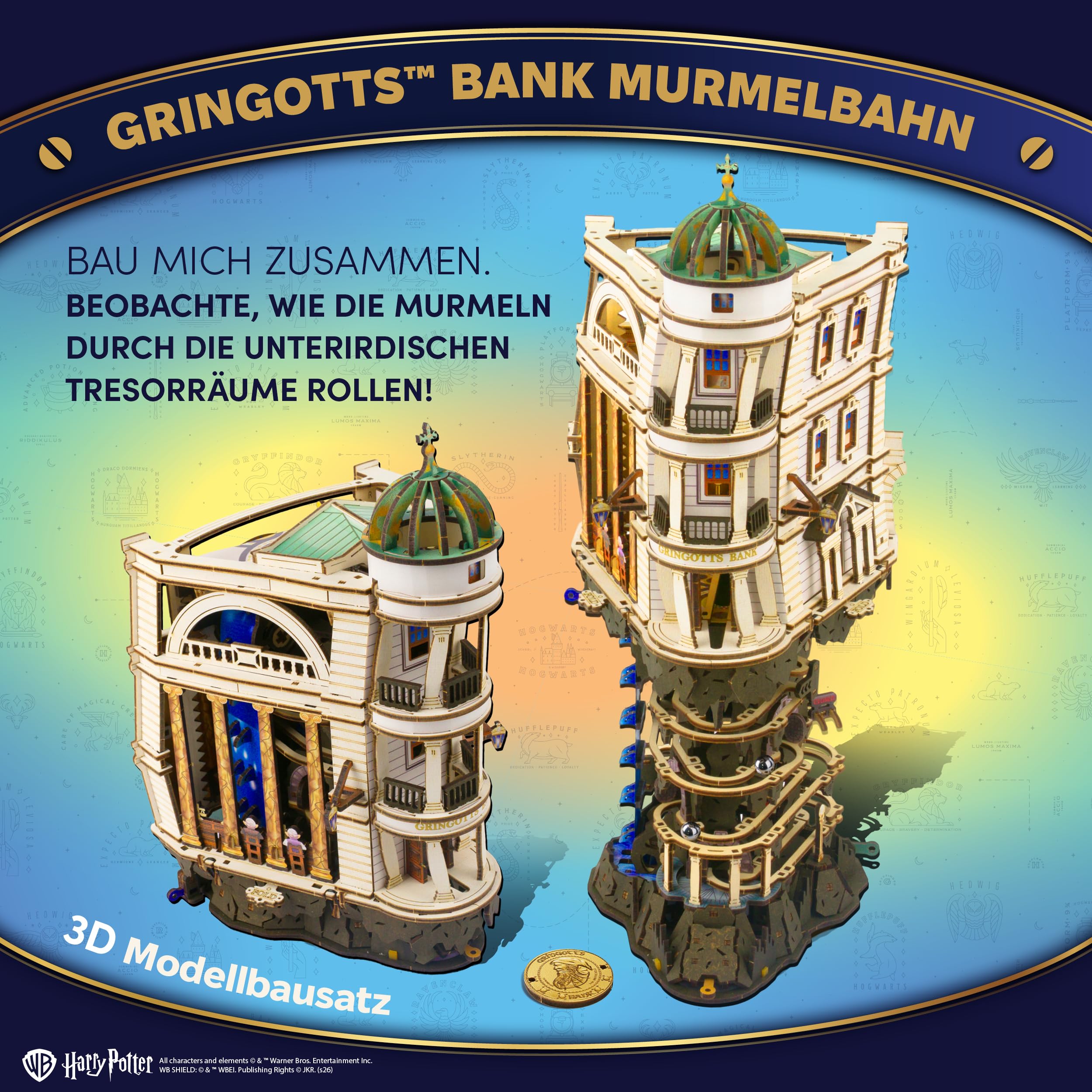 UGEARS Harry Potter Gringotts Bank Murmelbahn Holzpuzzle Erwachsene 3D - Motorisierter Modellbausatz Erwachsene mit LED Licht, DIY kreative Geschenkidee 3D Puzzle Modellbau und Bausätze für Männer