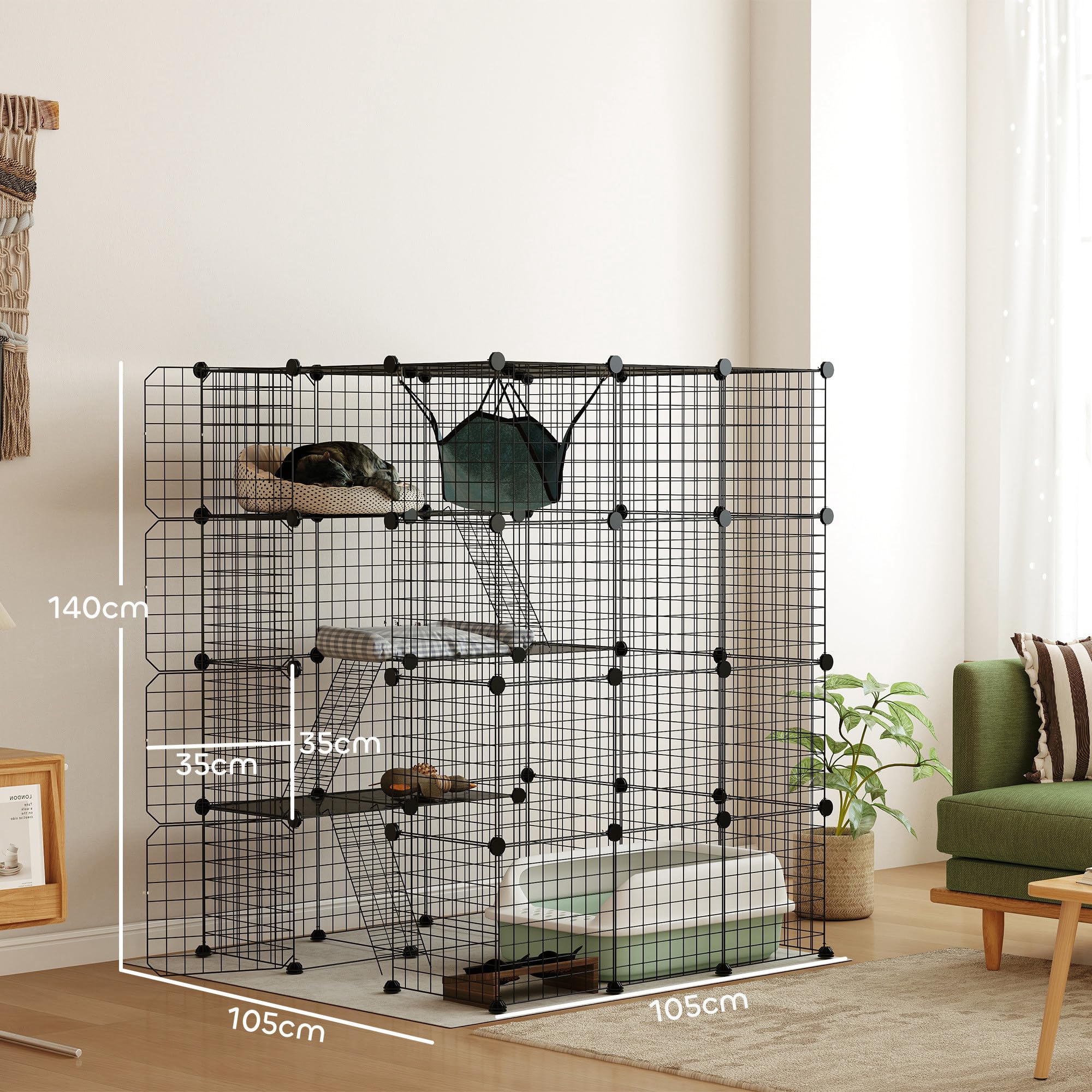 PawHut Gabbia per Gatti Modulabile a 4 Livelli con Rampe, 3 Piattaforme di Salto e 5 Porte, Casetta per Gatti con Tappetini Antiscivolo e Amaca in Acciaio e PP, per 1-3 Gatto, 105x105x140 cm, Nero