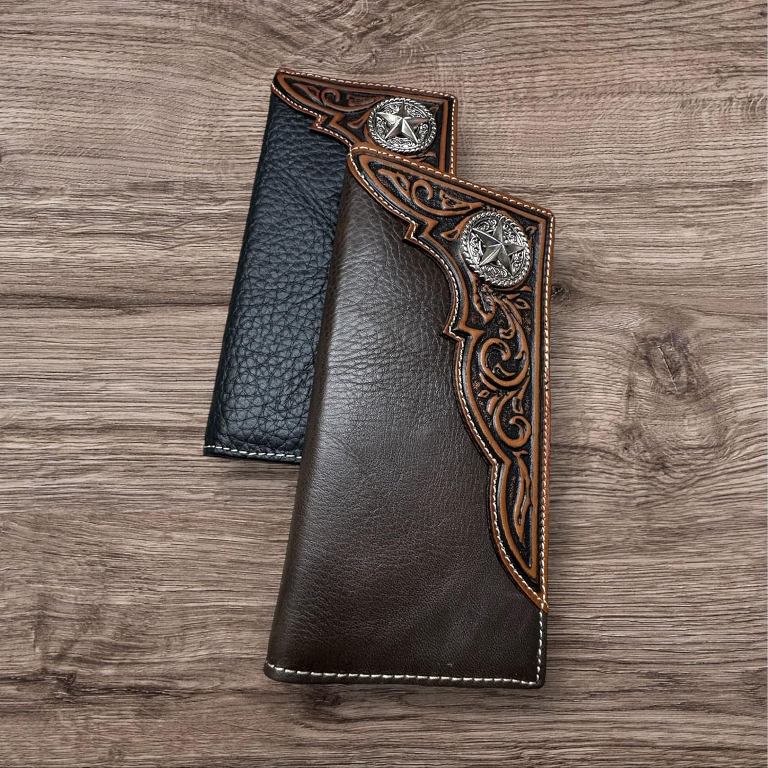 Men’s Long Leather Wallet – Tooled Inlay with Lone Star Concho – Western Bifold Checkbook Wallet for Texans, Cowboys & Ranch Lifestyle Gifts