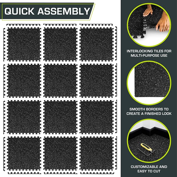 ProsourceFit Rubber Top Exercise Puzzle Mat 1⁄2 pulg, Goma EVA, Baldosas Protectores Encajables para Gimnasio en Casa; Gris, 48 Pies Cuadrados, 12 Baldosas miniatura 6