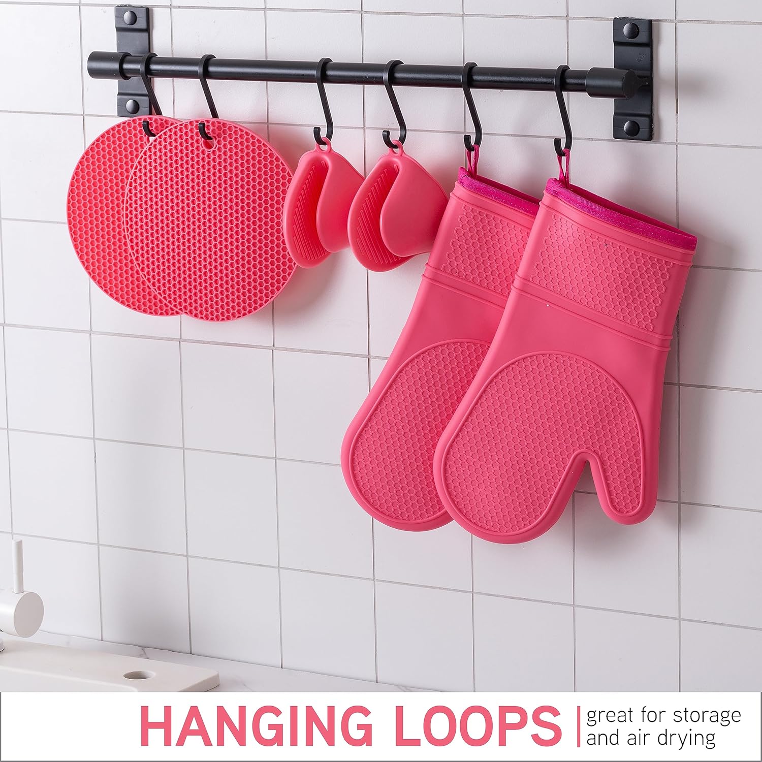 COOK WITH COLOR Silicone Oven Mitts- Heat Resistant Gloves with Soft Quilted Lining Oven Mitt Pot Holders for Cooking and BBQ, Pink, Mitt Set - Image 7