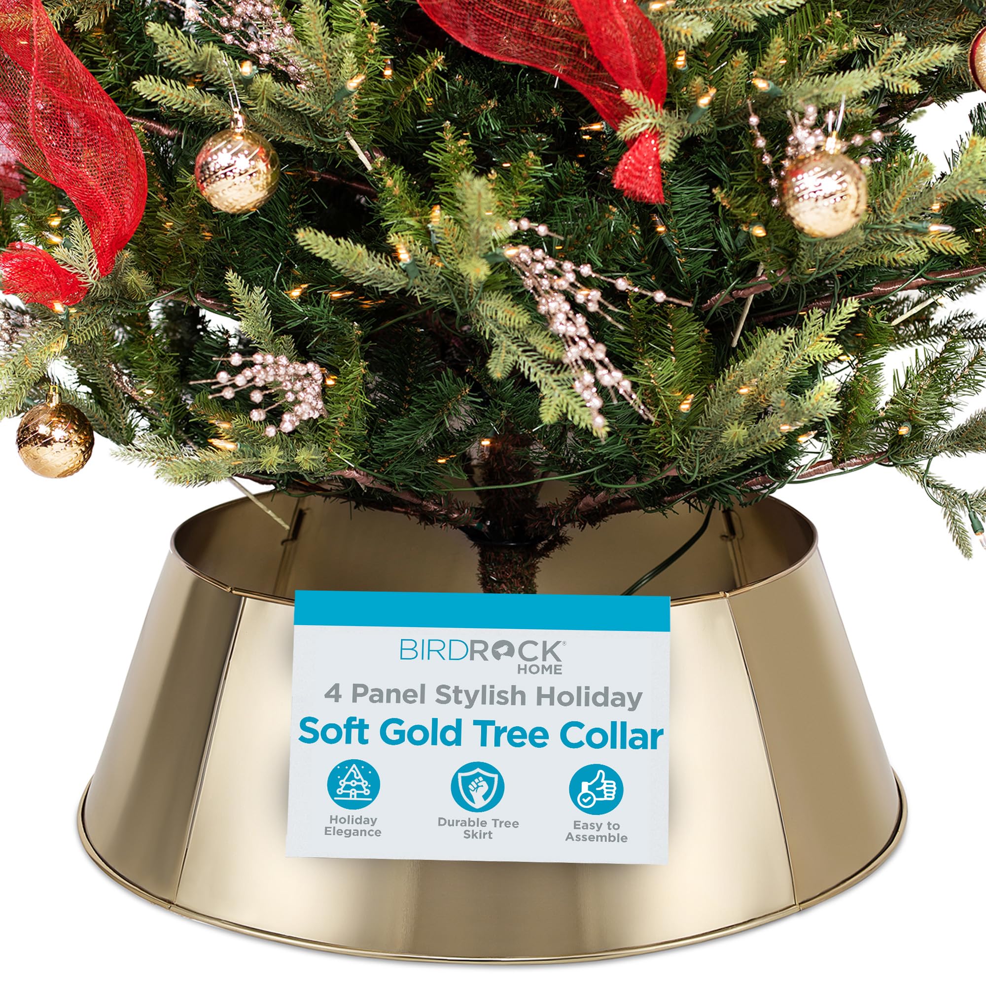 BIRDROCK HOME 4-Panel Christmas Tree Collar - Metal Holiday Skirt Decor - Water Base Protection from Pets (Soft Gold)