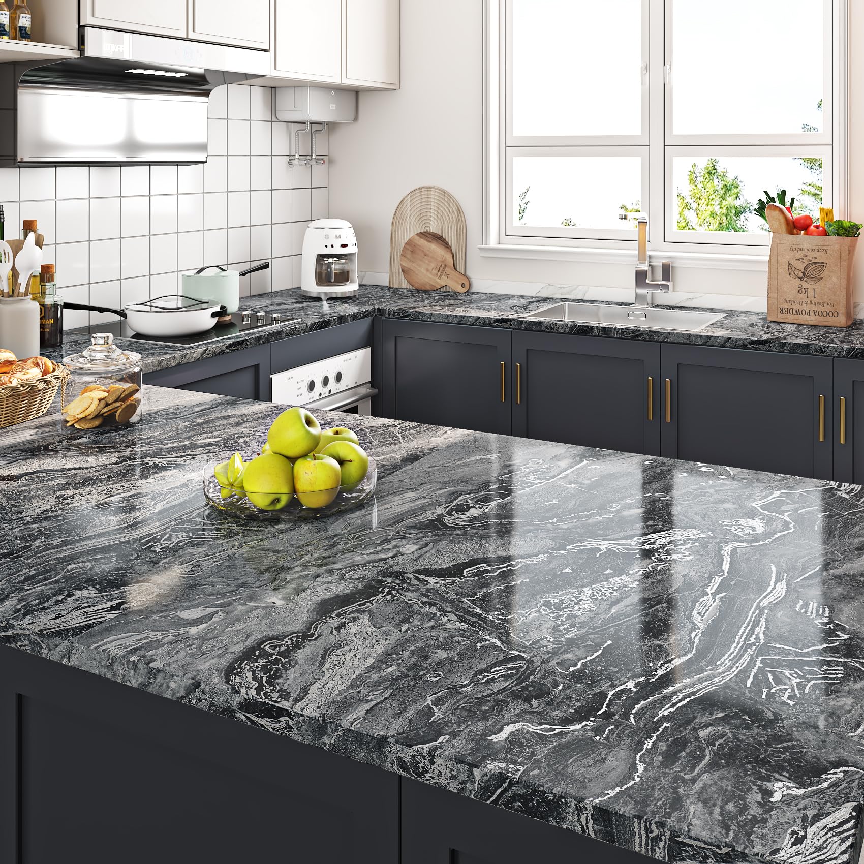 Livelynine Papel tapiz de mármol brillante extra ancho de 36 x 197 pulgadas para encimeras, papel de contacto impermeable para encimeras, cubiertas de encimeras de cocina, láminas laminadas de vinilo