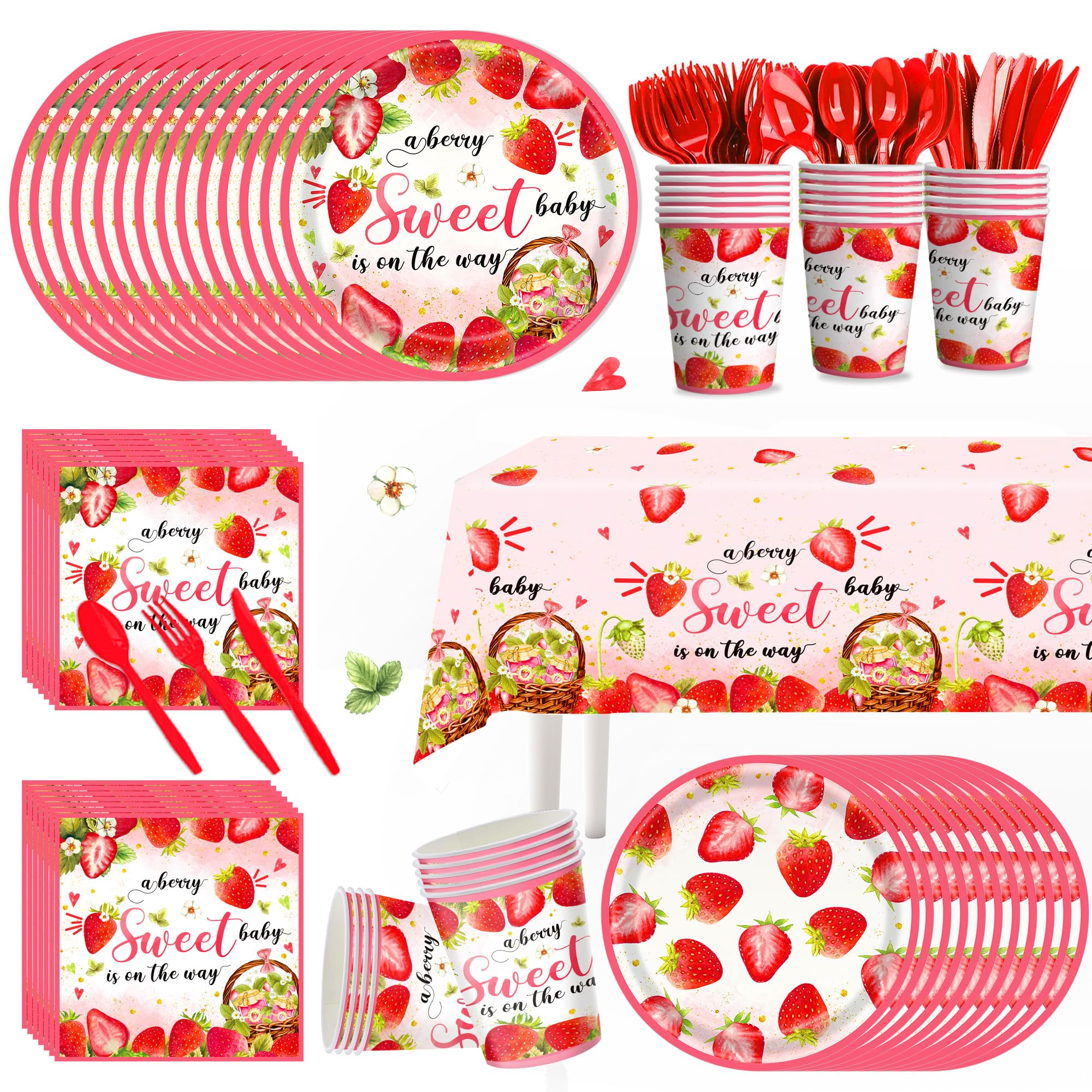 169pcs Strawberry Baby Shower Deorations Berry Sweet Plates Napkins Cups Tablecloths A Berry Sweet Baby is On The Way Paper Tableware Set Strawberry Party Supplies Serves 24 Guests