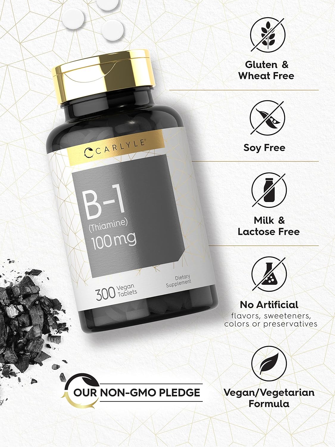 Vitamin B-1 | 100mg | 300 Tablets | Non-GMO and Gluten Free Thiamin Supplement | by Carlyle : Health & Household